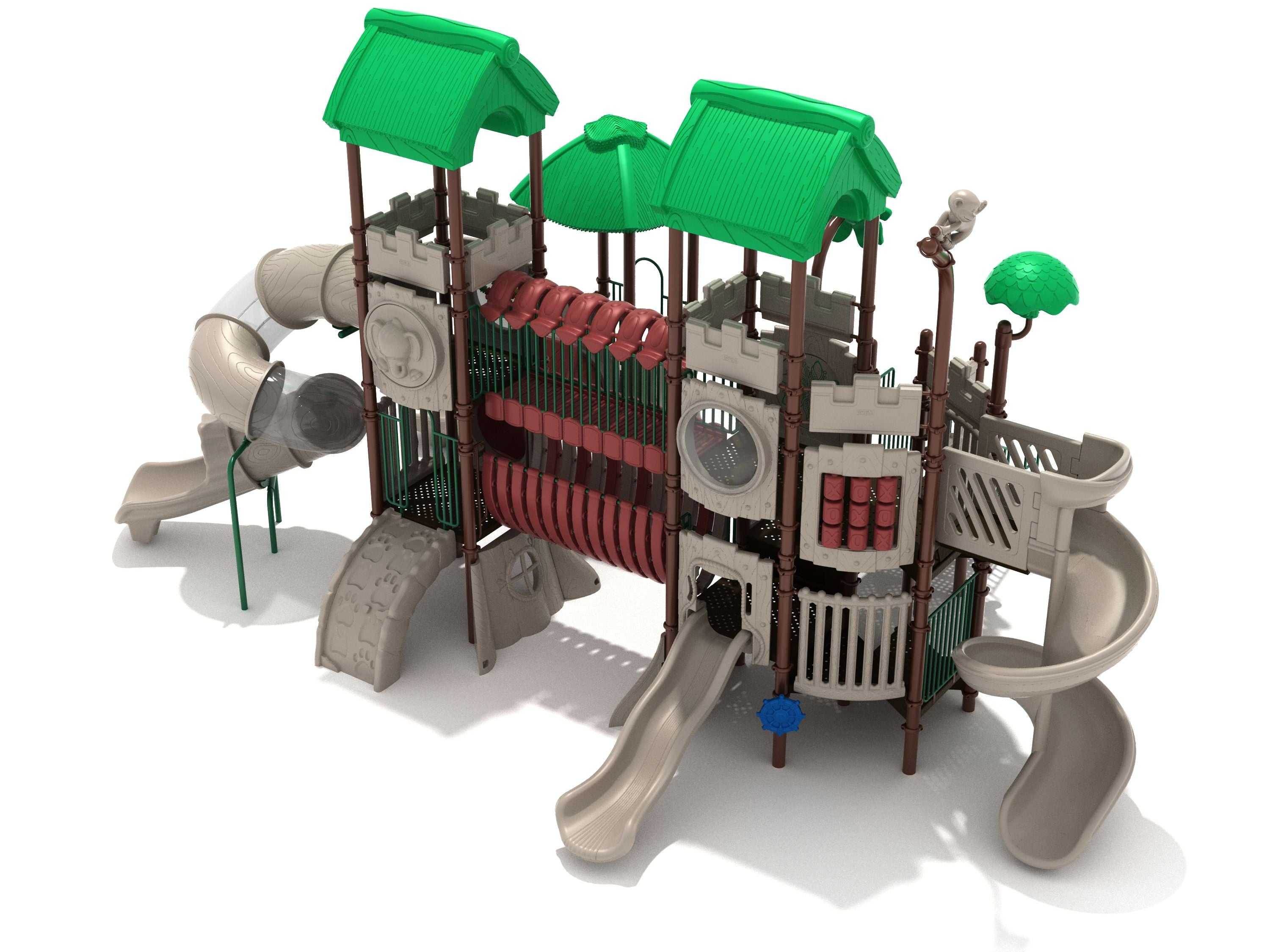 Multi-level playground with green roofs, spiral and straight slides, climbing walls, connecting bridges, and activity panels.