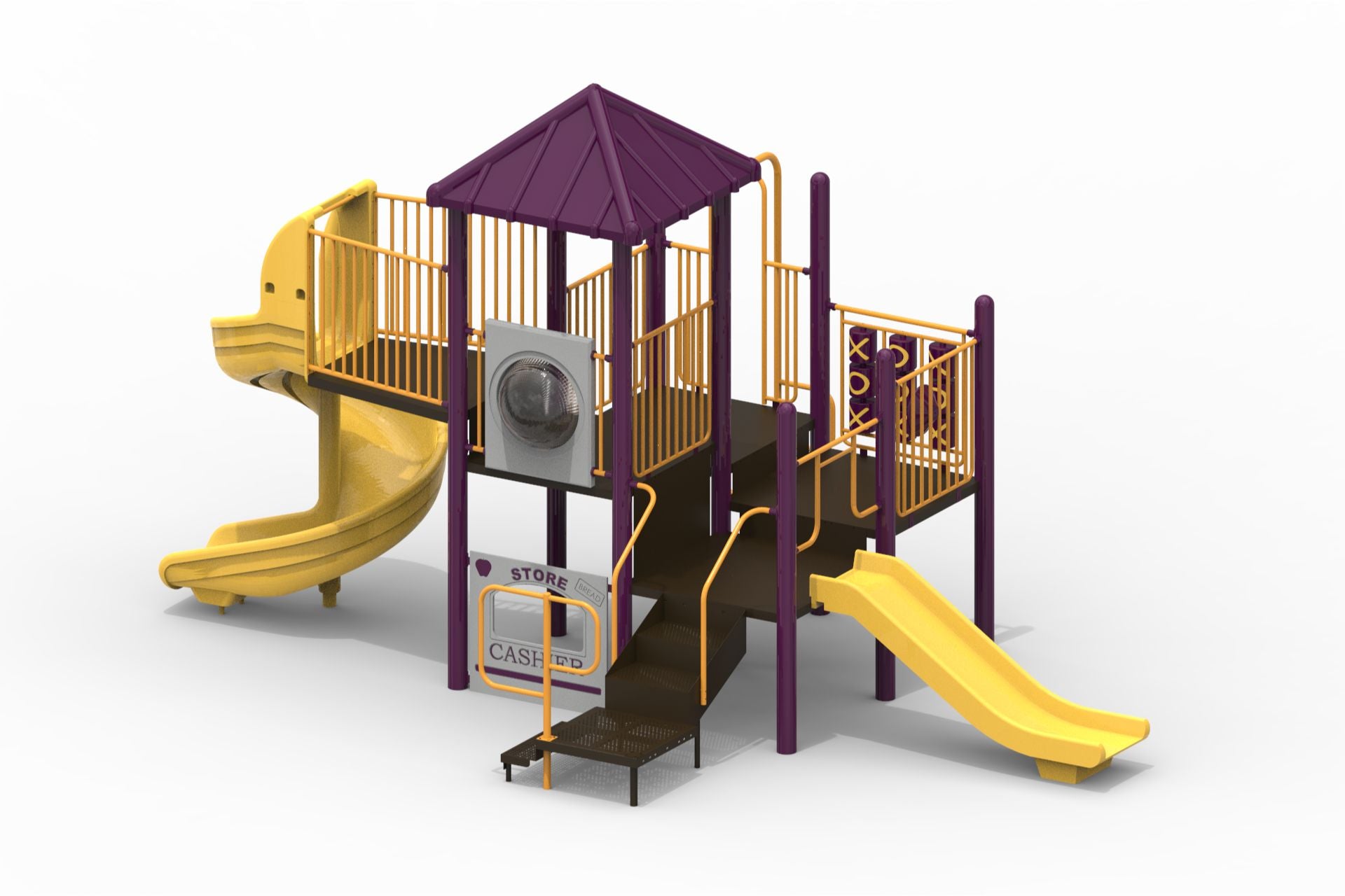 Outdoor modular playground with purple and yellow spiral and straight slides, tic tac toe and bubble panels, and climbing stairs