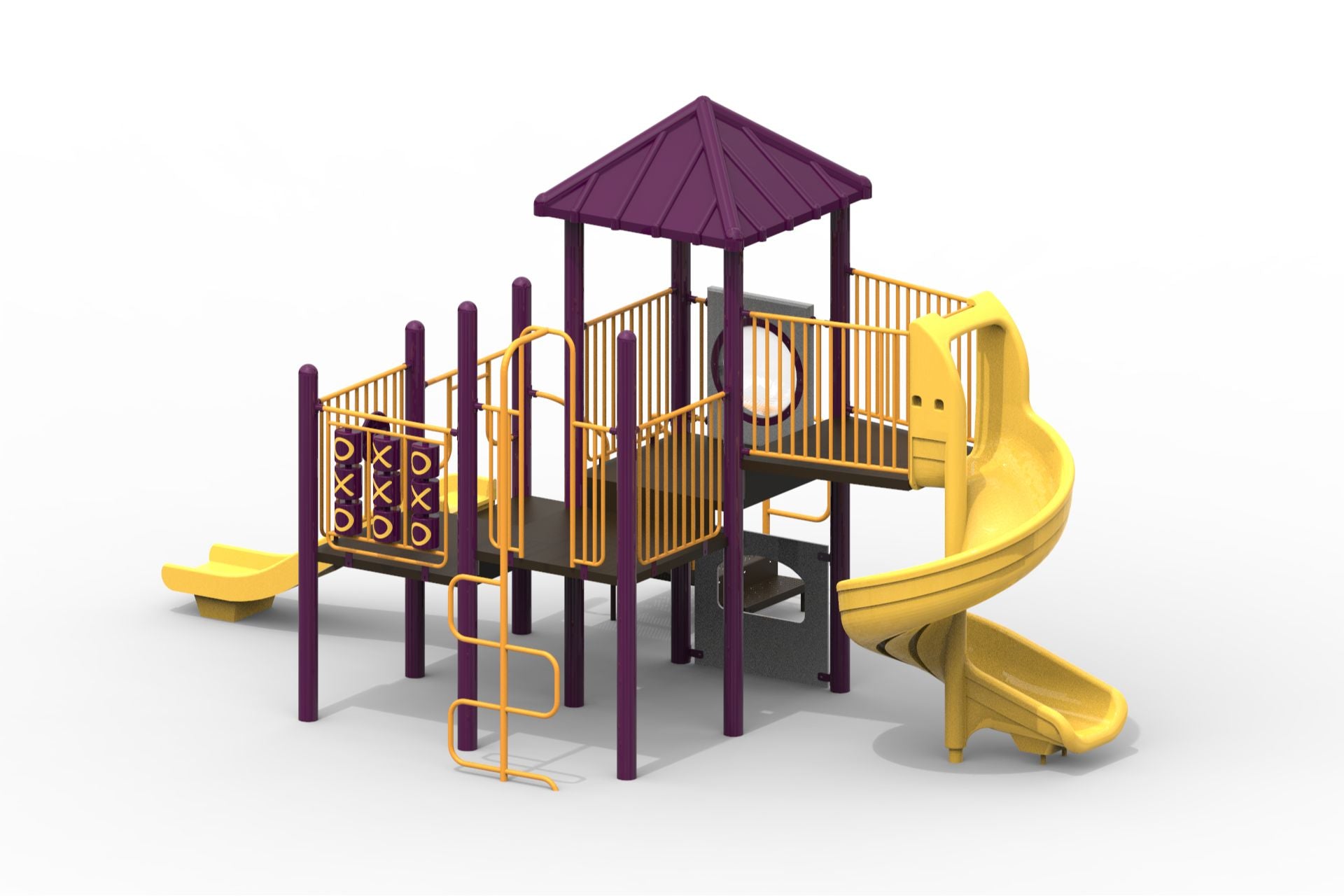 Outdoor modular playground with purple and yellow spiral slide, tic tac toe panel, climbing ladder, and covered platform
