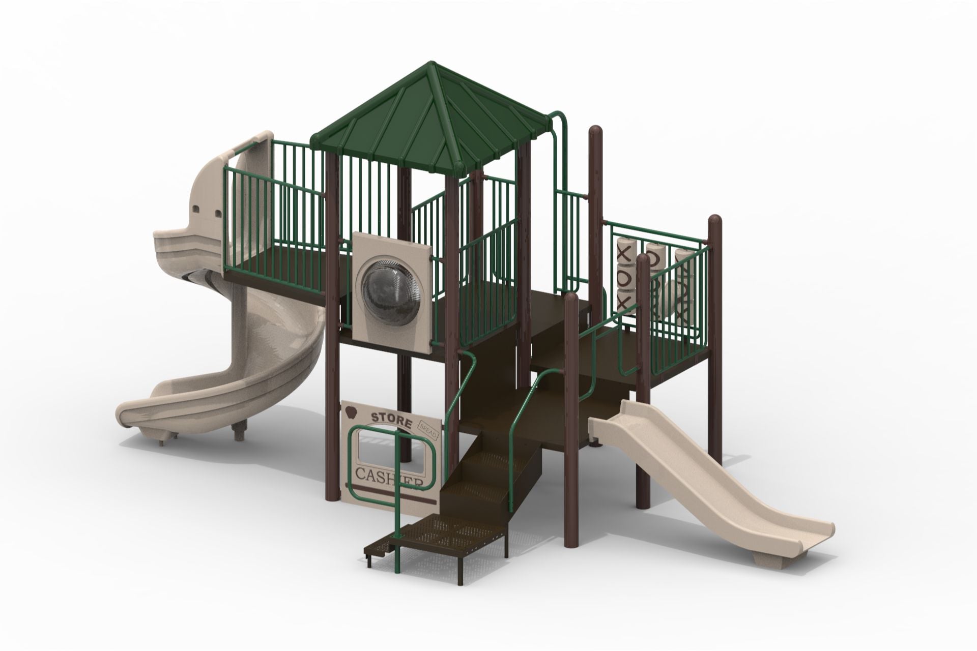 Outdoor modular playground with spiral and straight slides, tic tac toe and bubble panels, climbing stairs in natural tones