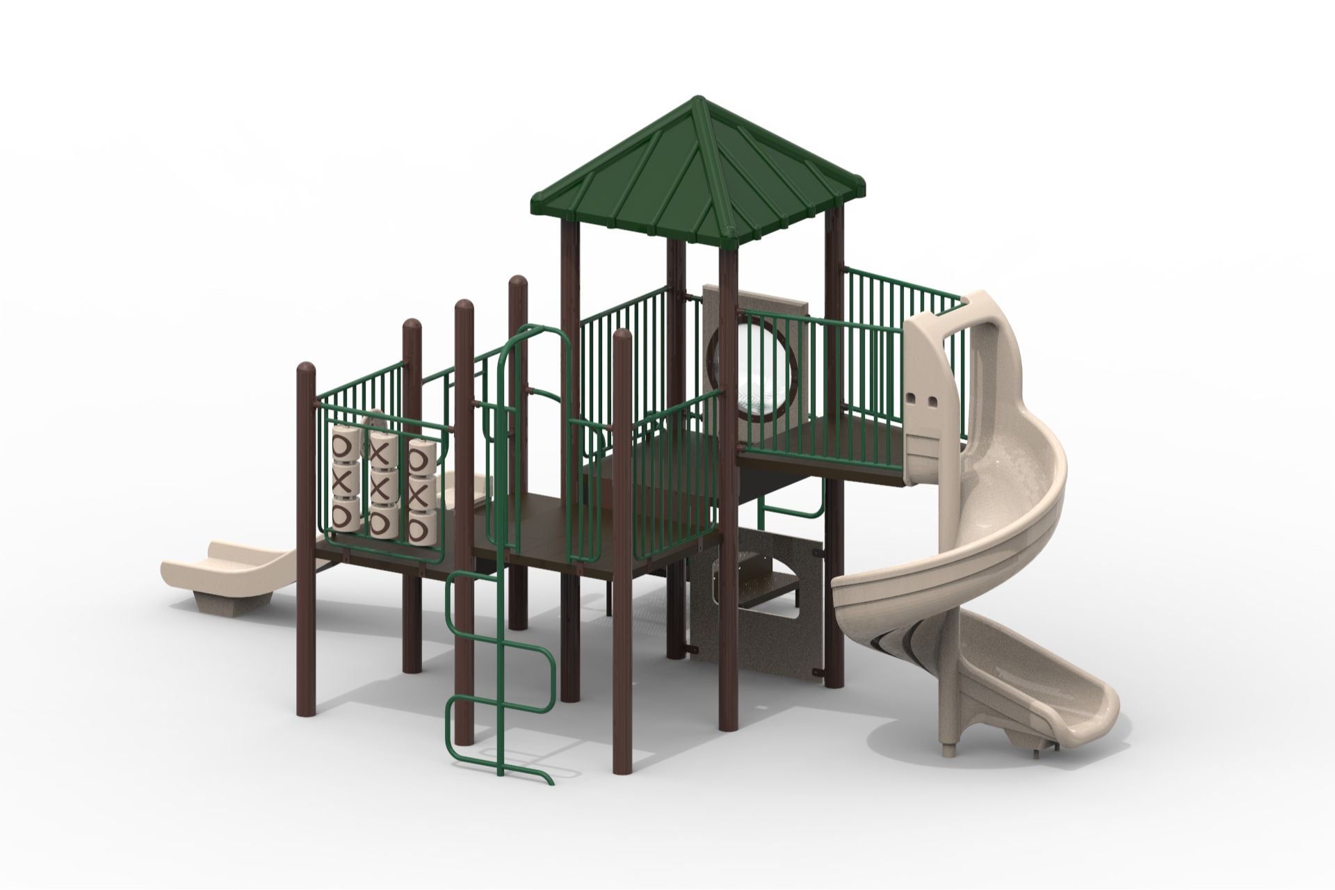 Zack Modular Playground with spiral slide, tic tac toe panel, U climber, bubble panel, and natural brown uprights