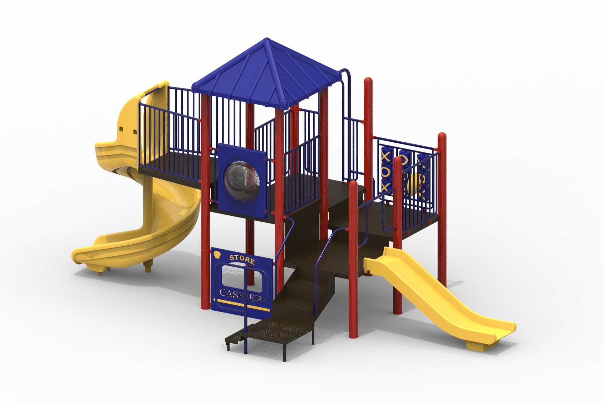 Outdoor modular playground with yellow slides, red and blue posts, tic tac toe panel, climbing stairs, and colorful play features.