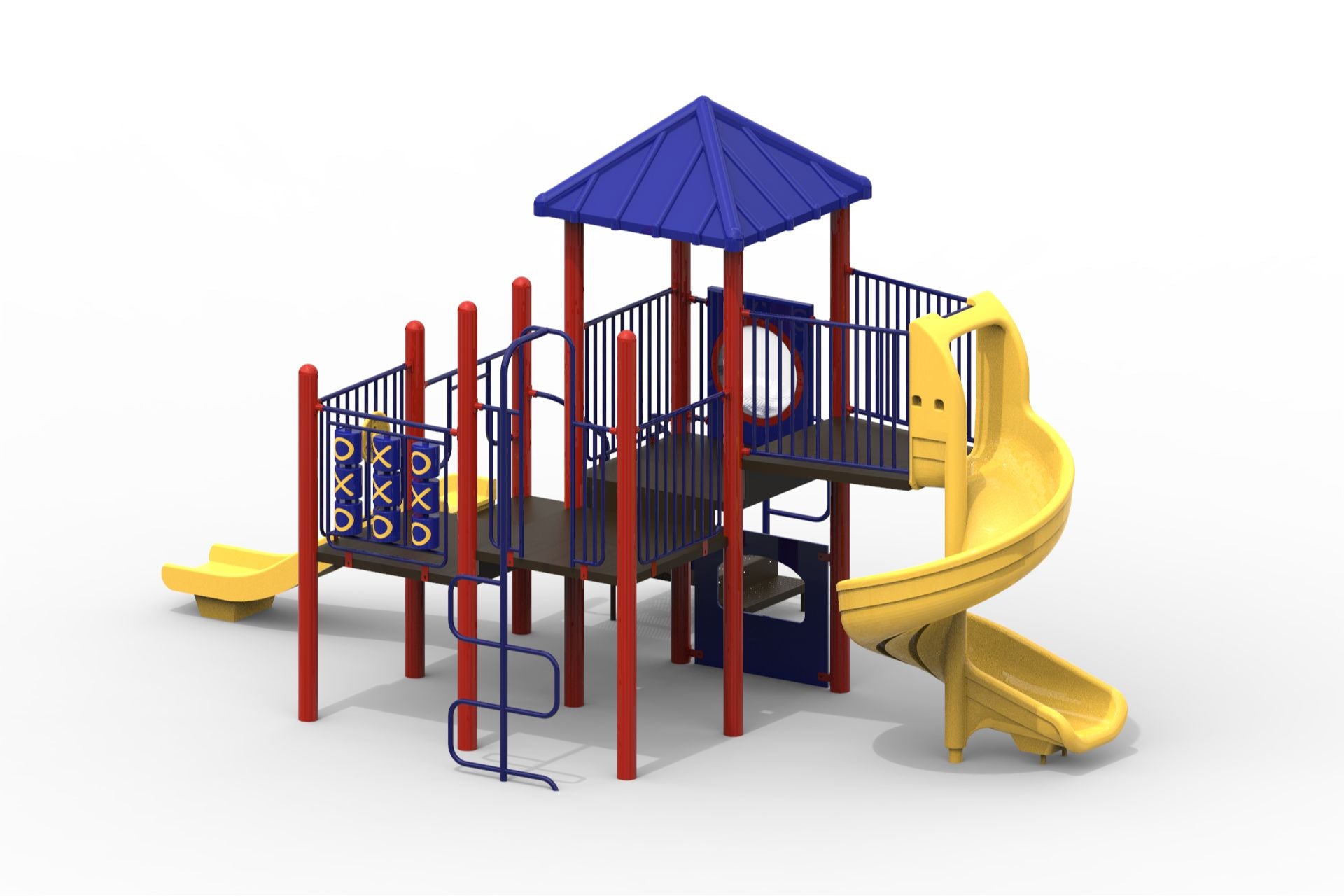 Outdoor modular playground with spiral slide, tic tac toe panel, U climber, blue roof, and red uprights