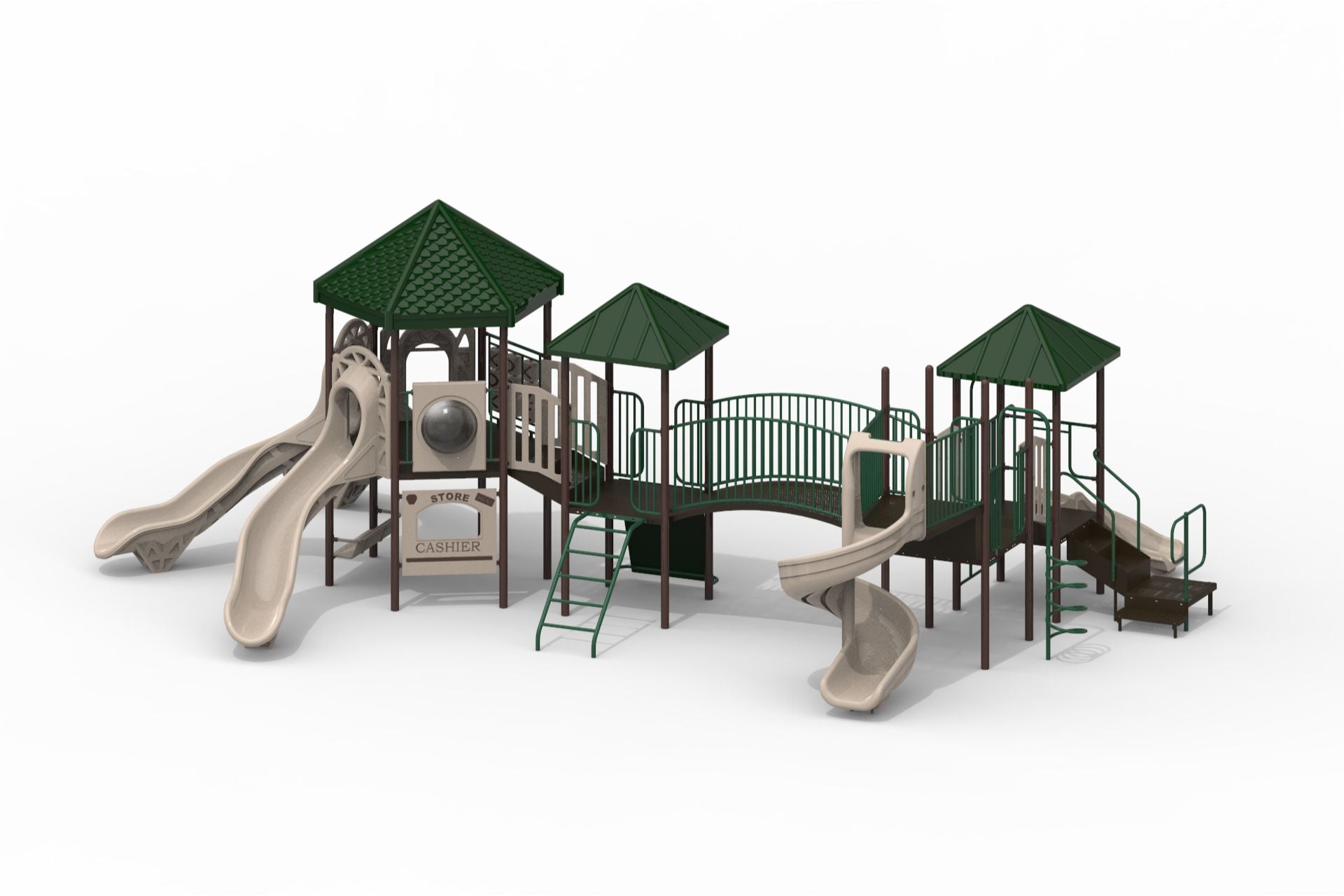 Zion WillyGoat Playground with green roofs, beige curved and spiral slides, climbing ladders, bridge, and tic tac toe panel