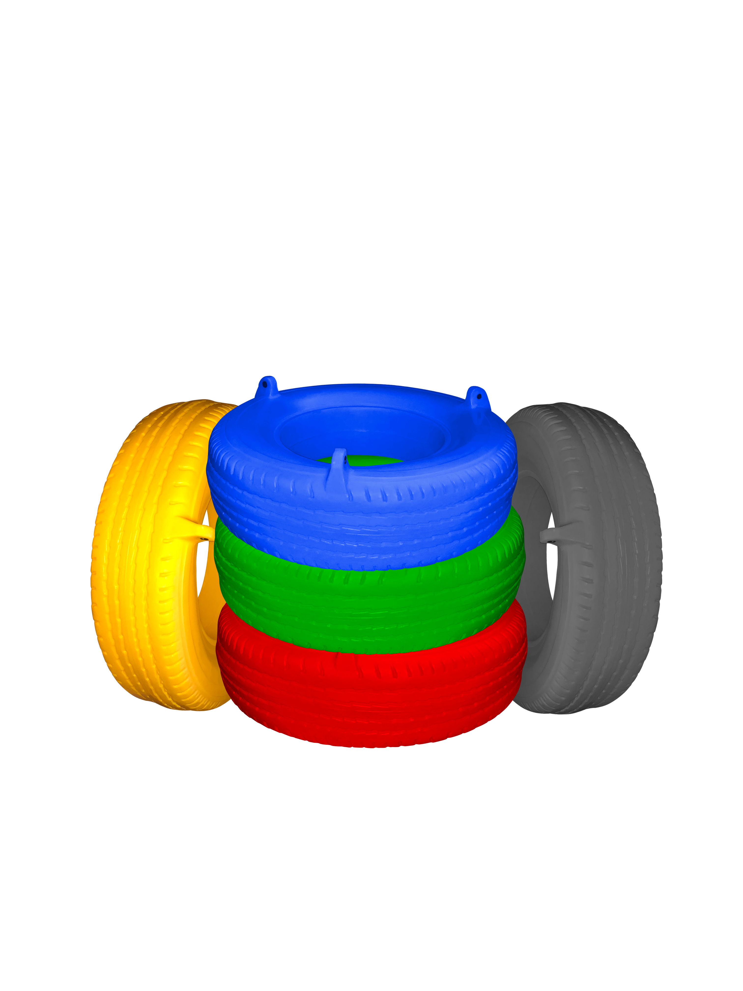Plastic Tire Swing in blue, green, red, yellow, and gray stacked, durable polypropylene swing set accessory