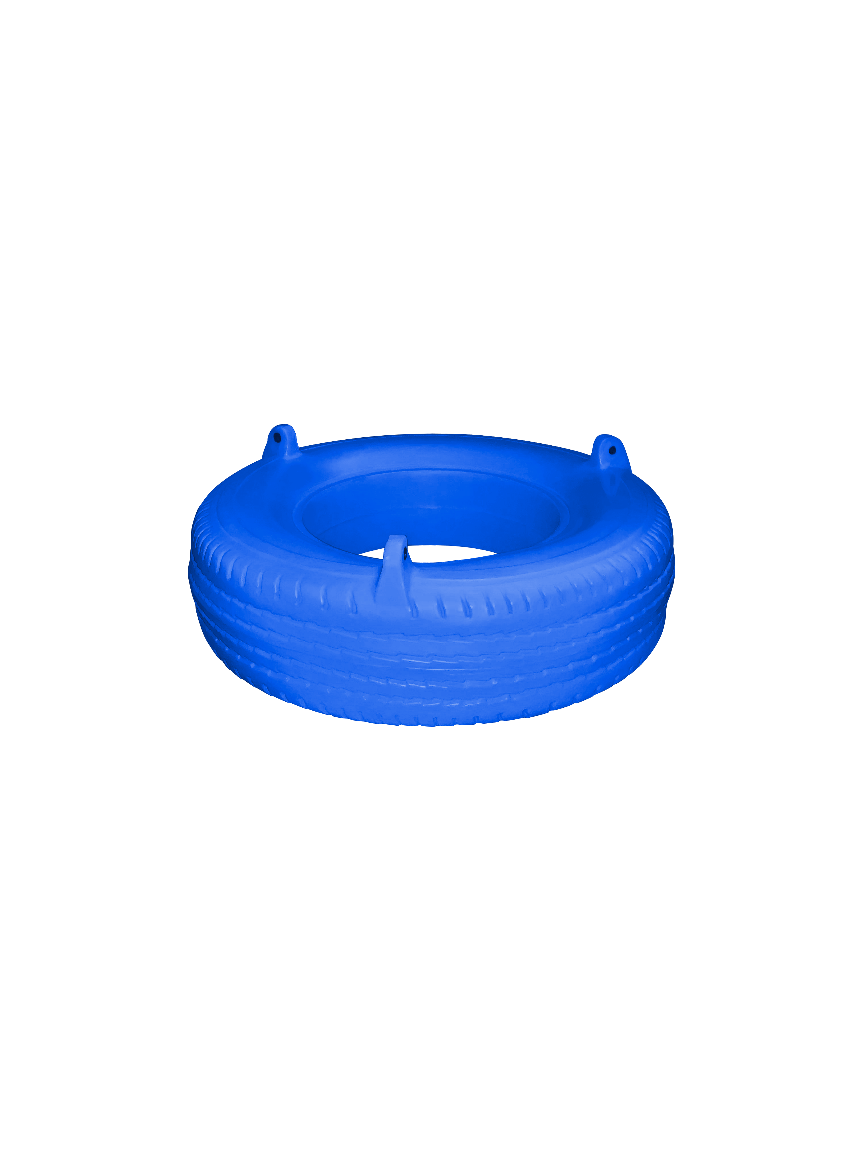 Blue polypropylene tire swing with built-in eye bolts and textured tread pattern, designed for outdoor playsets.