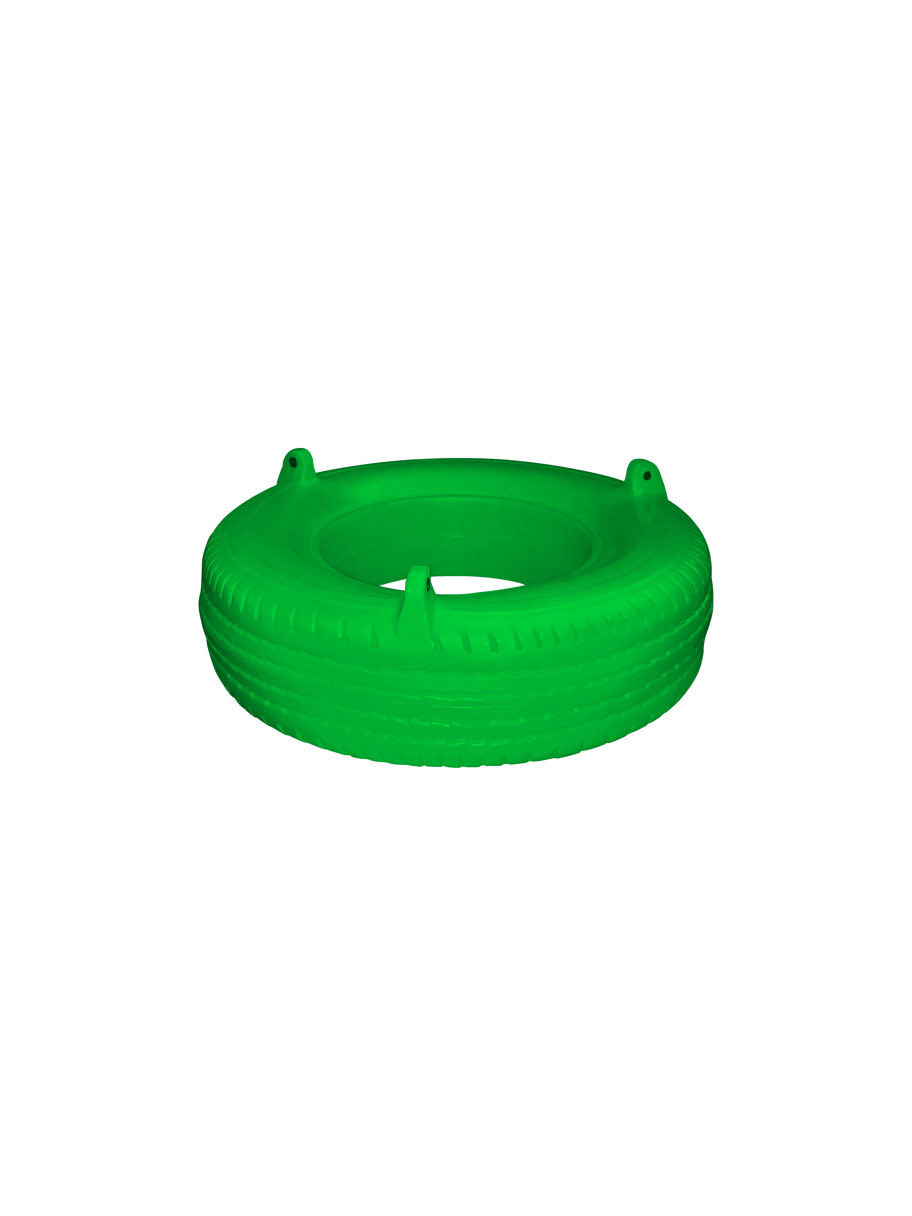 Green polypropylene tire swing with built-in eye bolts, angled side view, durable and weather-resistant playground accessory