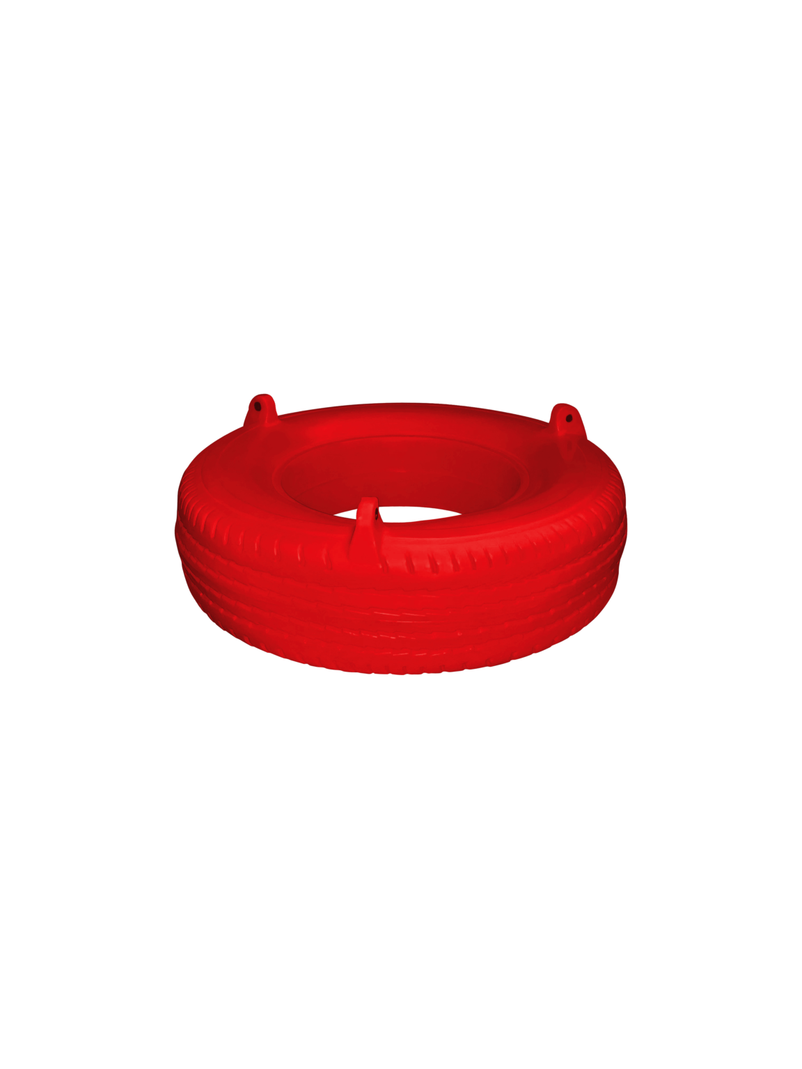 Red plastic tire swing with built-in eye bolts and textured tread pattern designed for outdoor play