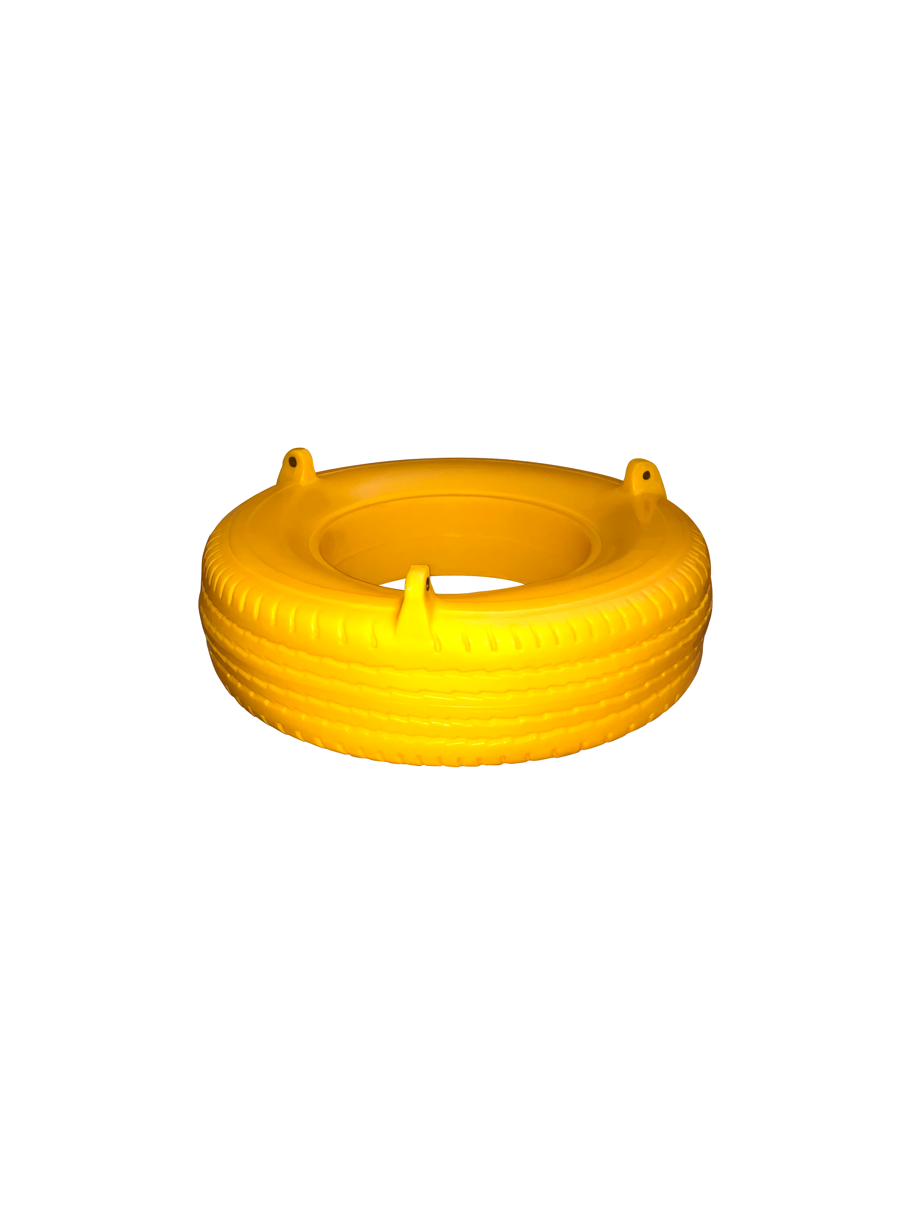 Yellow plastic tire swing with built-in eye bolts and textured tread pattern designed for outdoor play