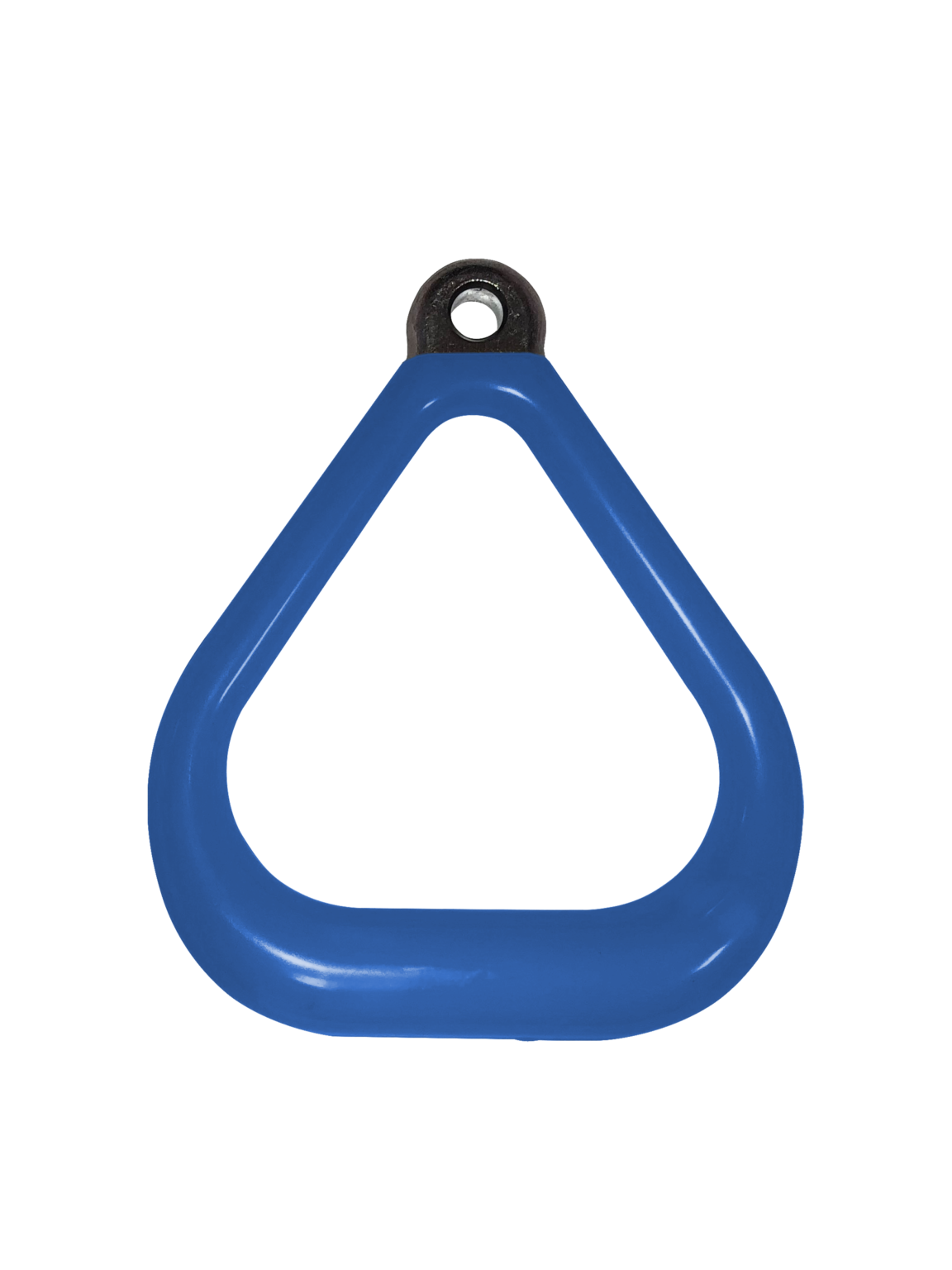 Overhead view of blue plastisol-coated triangular swing set accessory with non-slip grip and metal attachment loop