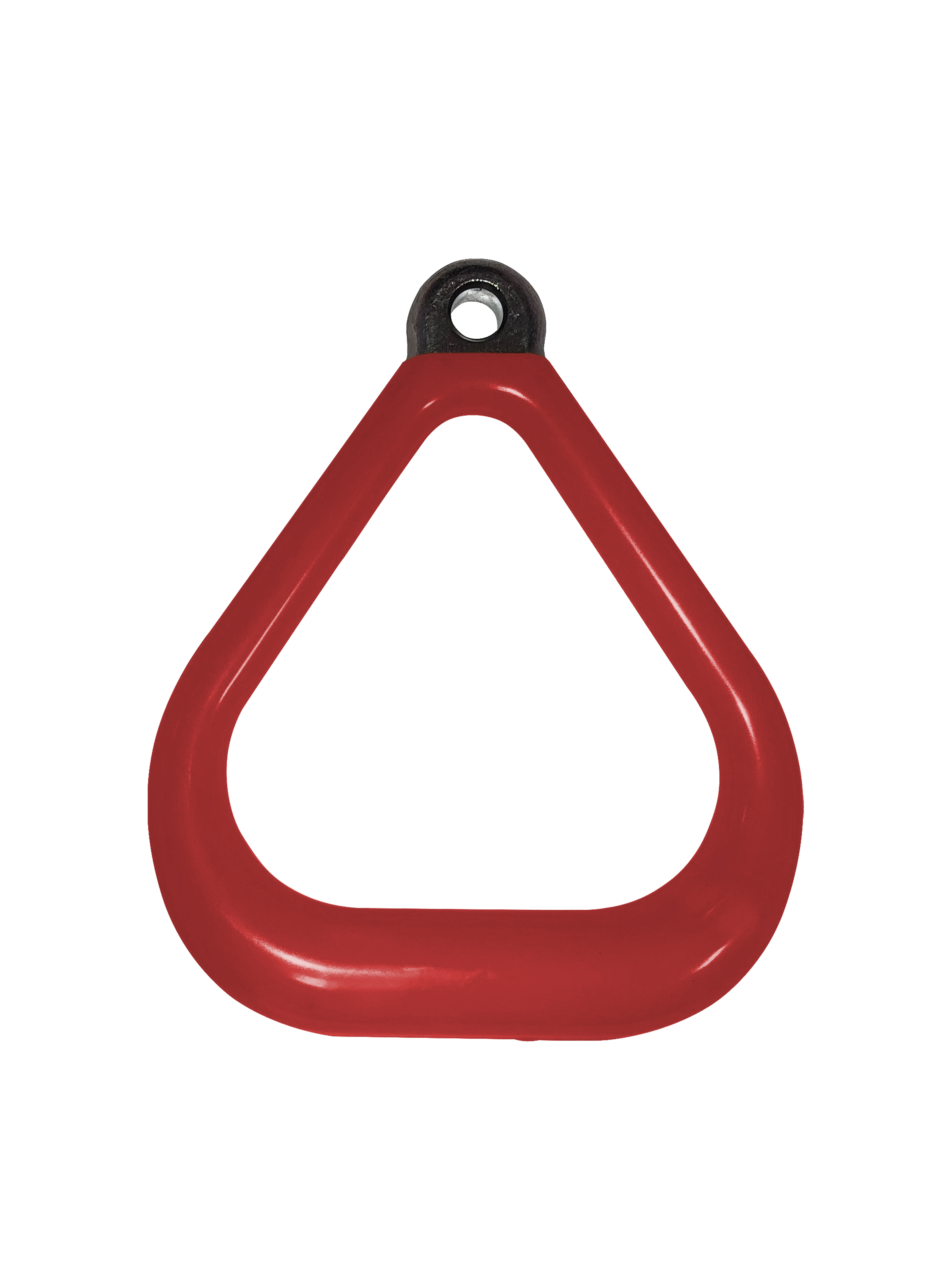 Red plastisol-coated triangular swing set accessory with black mounting hole and textured non-slip grip for children’s playsets