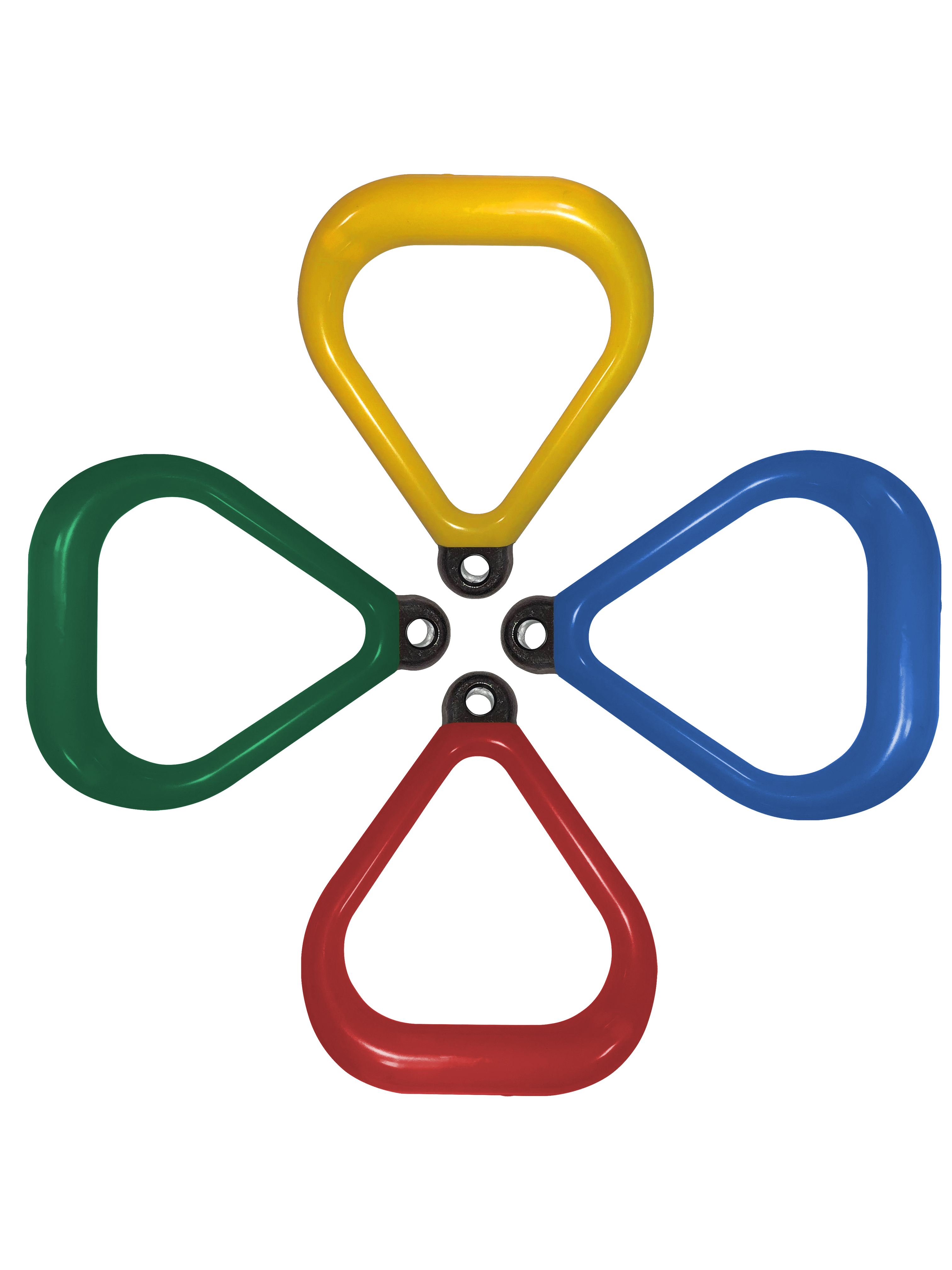 Overhead view of colorful Plastisol Coated Triangle swing set accessories with non-slip grips in yellow, green, blue, and red