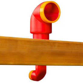 Bright red and yellow plastic periscope with clear lenses and curved design mounted on wooden playset railing