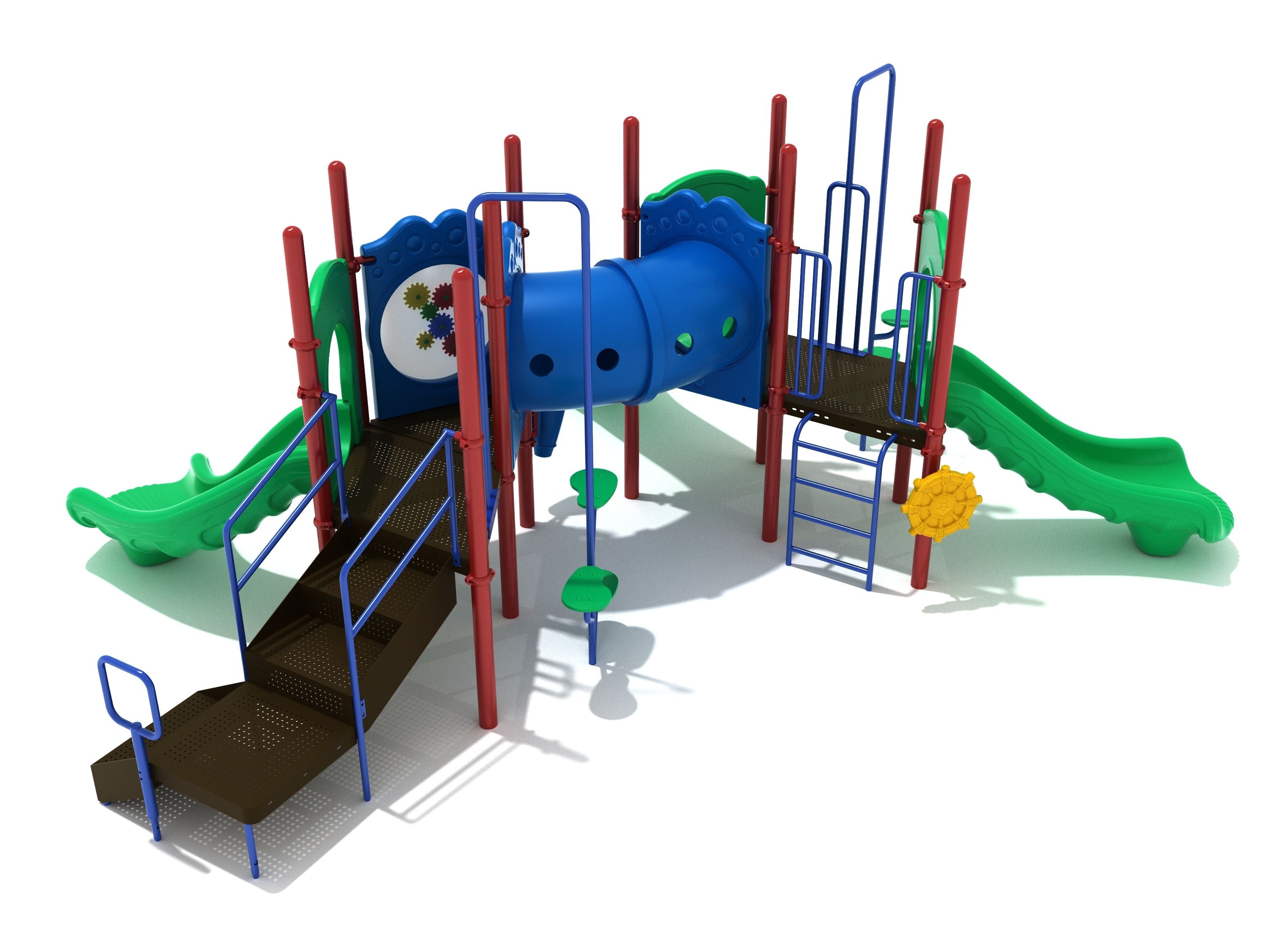 Colorful commercial playground with green slides, blue tube bridge, red poles, climbers, and interactive gear panel