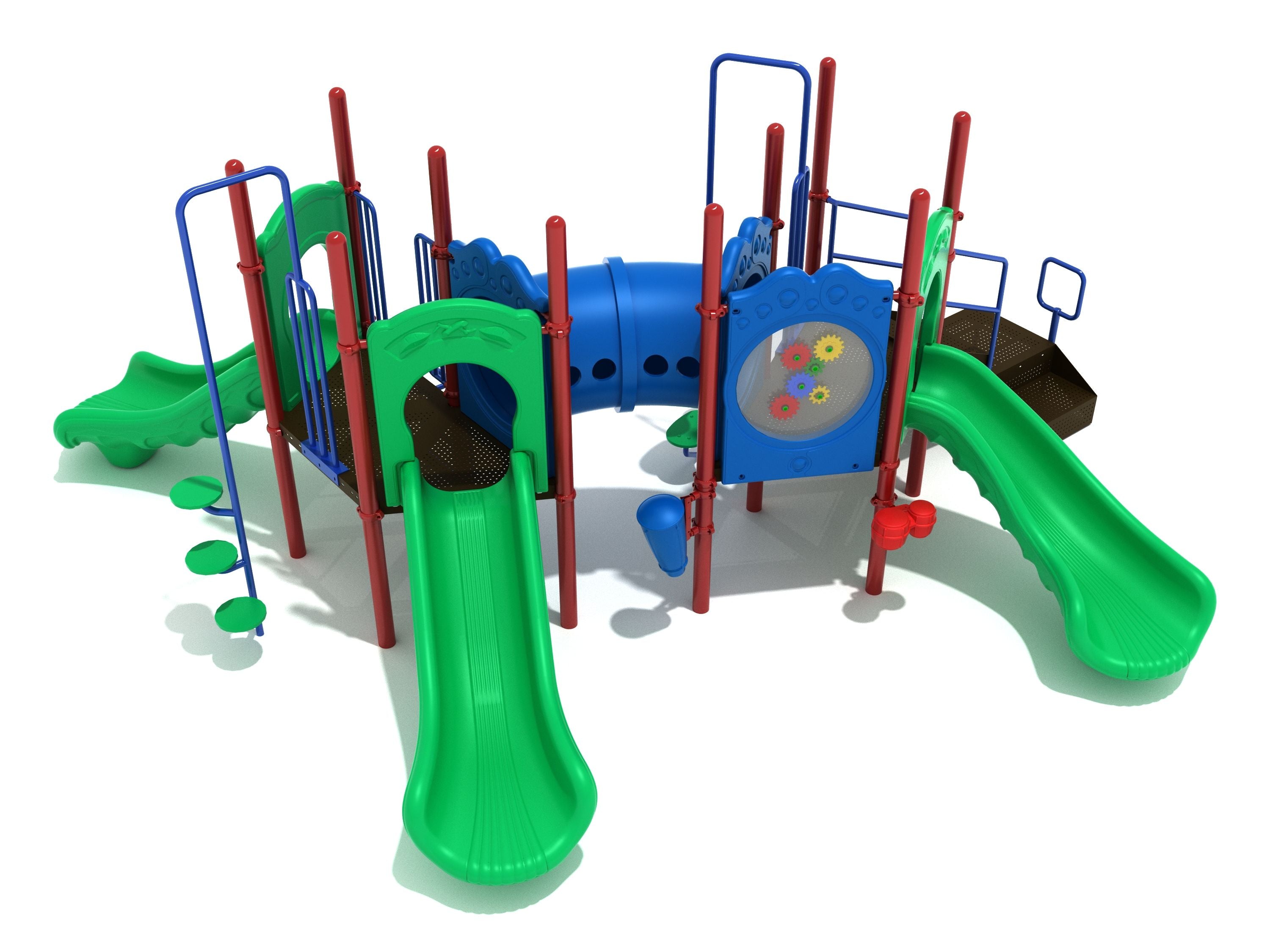Colorful playground with green slides, blue climbing panels, red poles, curved tube bridge, gear panel, and musical drum features.