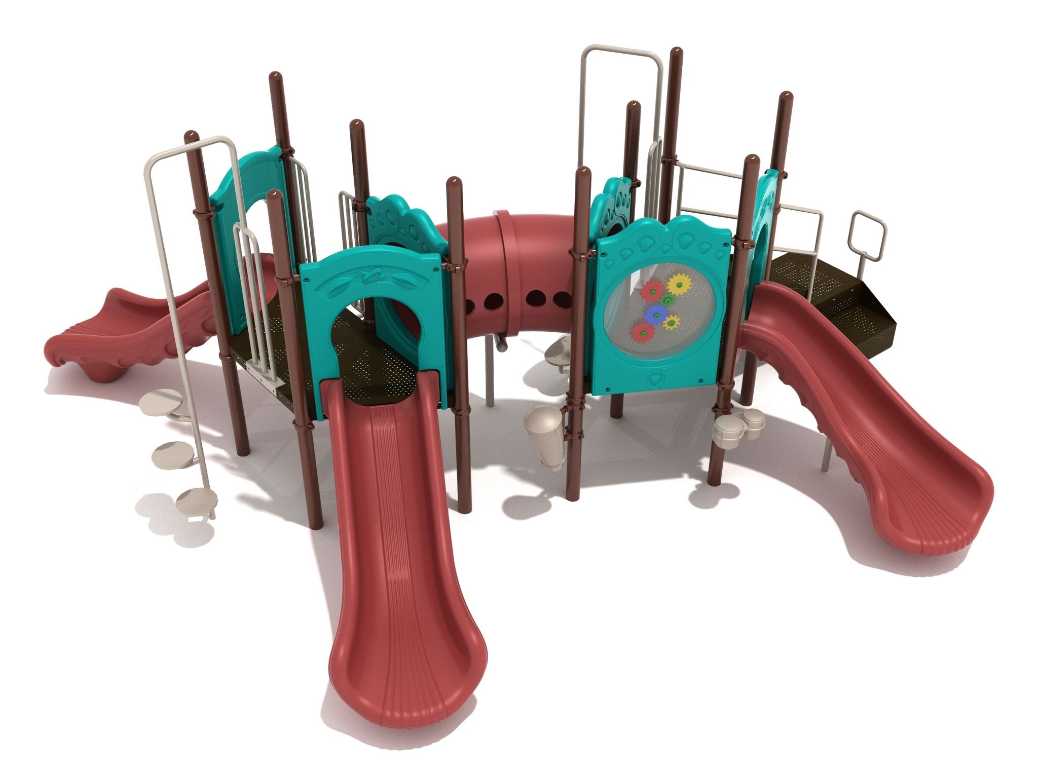 Multi-activity playground with three red slides, climbing elements, curved tube bridge, and interactive panels including drum and gear features