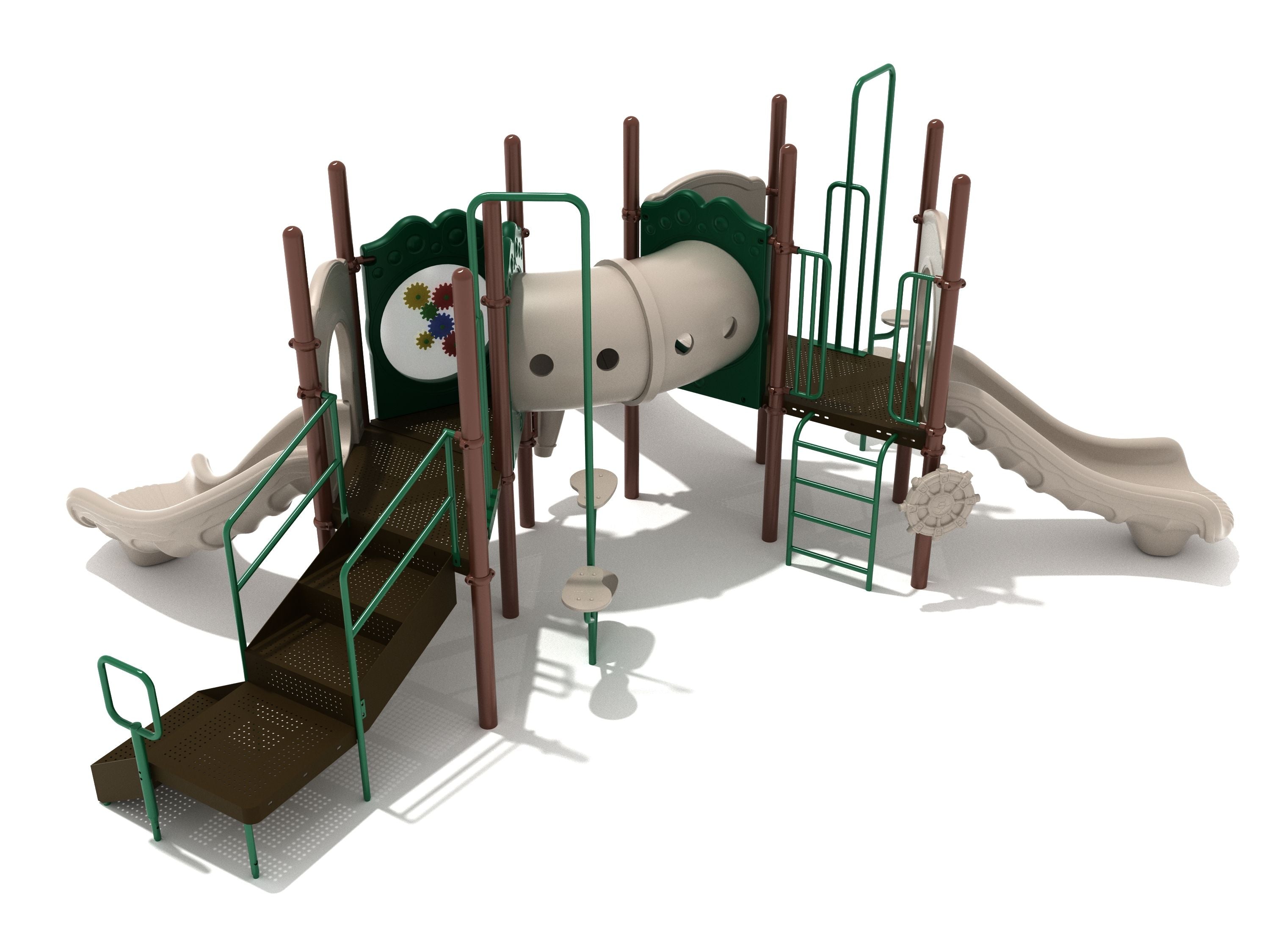 Neutral-tone commercial playground with curved tube bridge, two wavy slides, gear panel, climbers, and transfer station