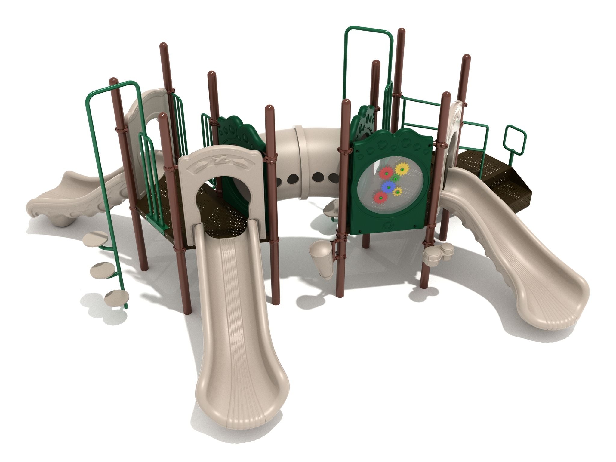 Ann Arbor Playground with beige slides, green climbing panels, curved tube bridge, and interactive activity features on natural surface