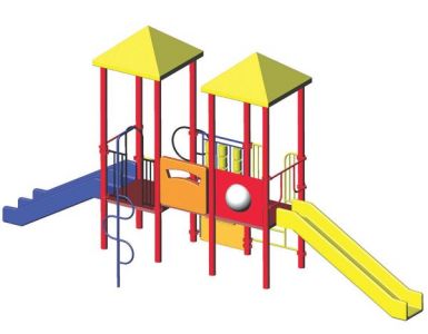 Modular outdoor playground with two yellow canopy towers, double yellow slide, wide blue slide, spiral climber, and bubble window panel