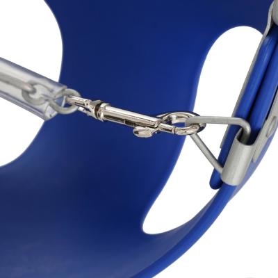 Blue toddler half-bucket swing seat with front safety chain and plastisol-coated hanging chains