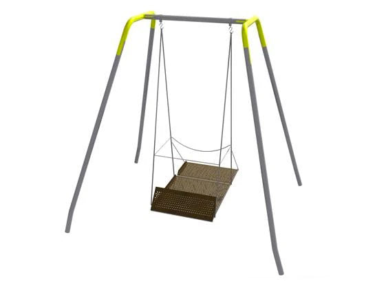 ADA Accessible Single Swing with gray frame, yellow accents, and wheelchair platform seat for inclusive playgrounds