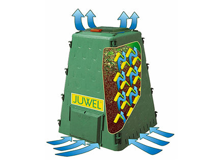 Green compost bin with ventilated side panels, hinged lid with sliding lock, and side door for easy compost access