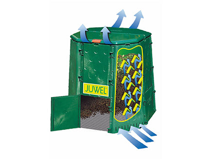 Green compost bin with hinged lid, two side doors, and perforated panels showing upward airflow ventilation