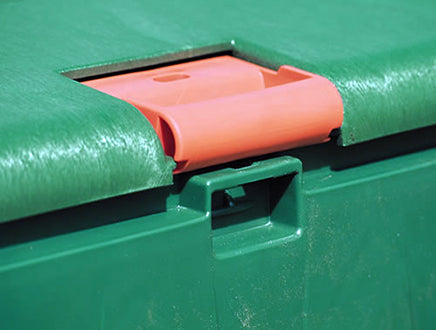 Green compost bin lid with orange sliding lock mechanism for secure closure on durable AeroQuick composter