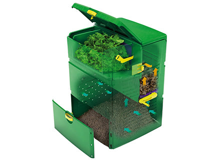 Vertical green multi-stage compost bin with hinged lid, crank handle, visible organic waste layers, and active aeration system