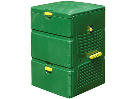 Vertical green multi-stage compost bin with yellow handles, ventilation panels, and durable weatherproof plastic construction