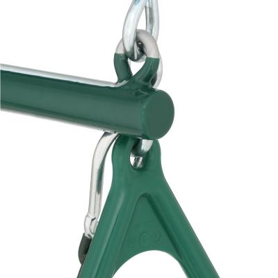 Green trapeze bar with plastisol-coated chain, spring clips, and metal attachments for swing set accessory