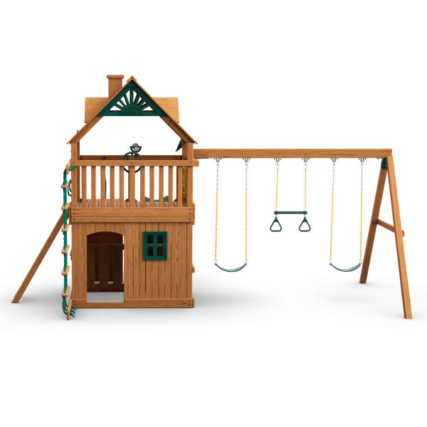 Wooden playset with two-level clubhouse, green-trimmed roof, climbing rope ladder, two belt swings, and trapeze bar