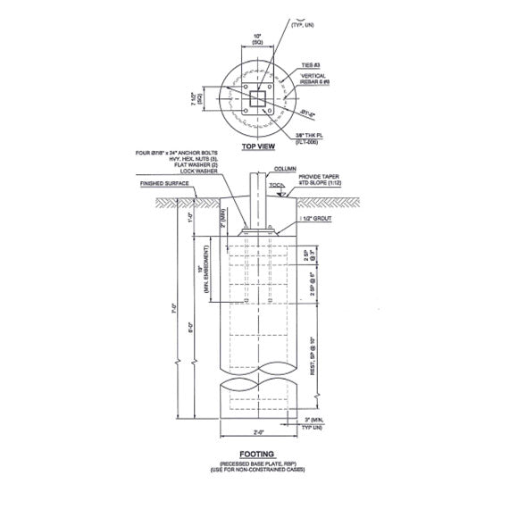 Shade Structure Anchor Bolts & Plates technical drawing with top and side views of recessed base plate footing and anchor bolt details