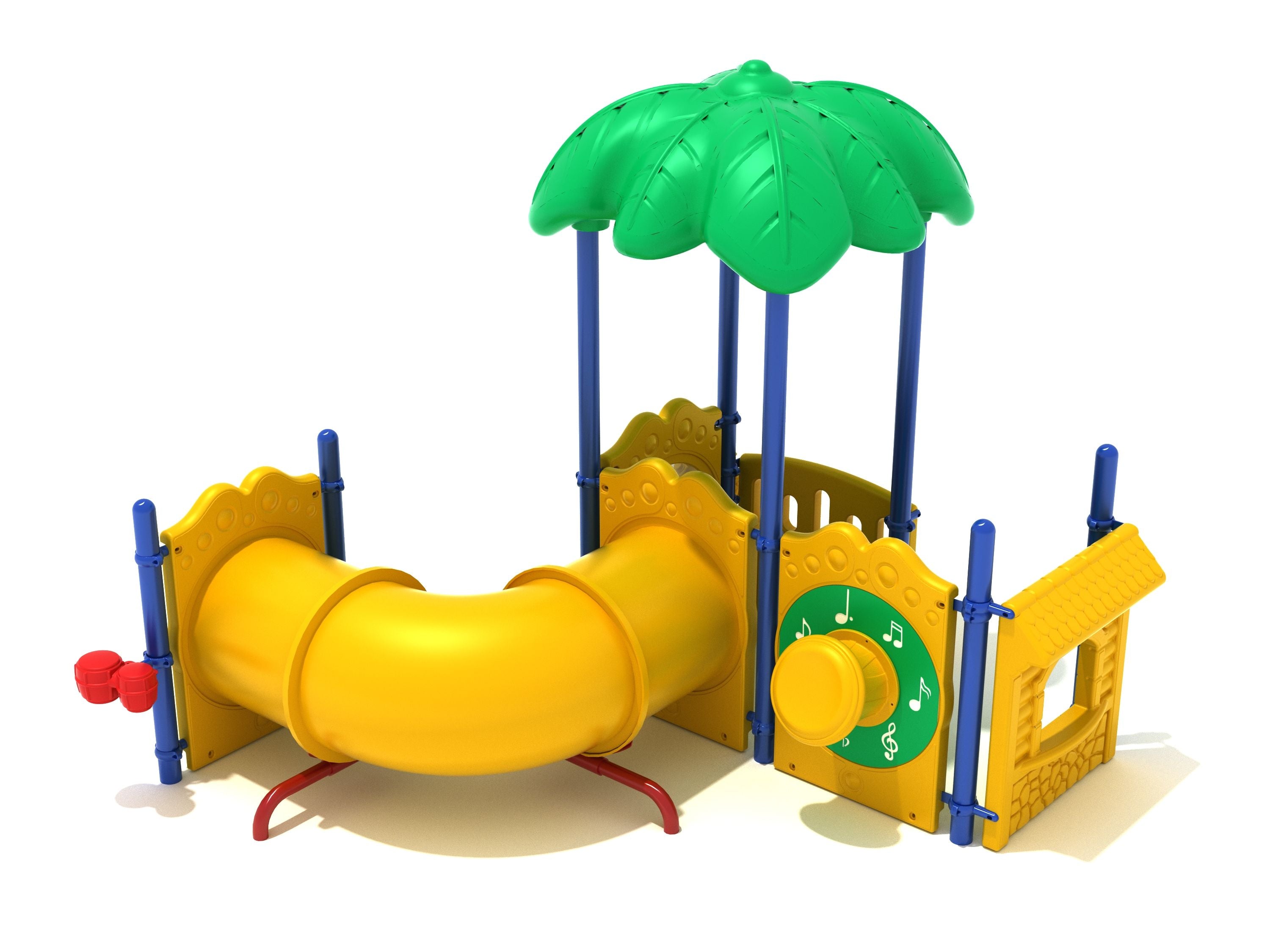 Compact children's playground with green leaf canopy, yellow curved crawl tube, and interactive musical play panels.