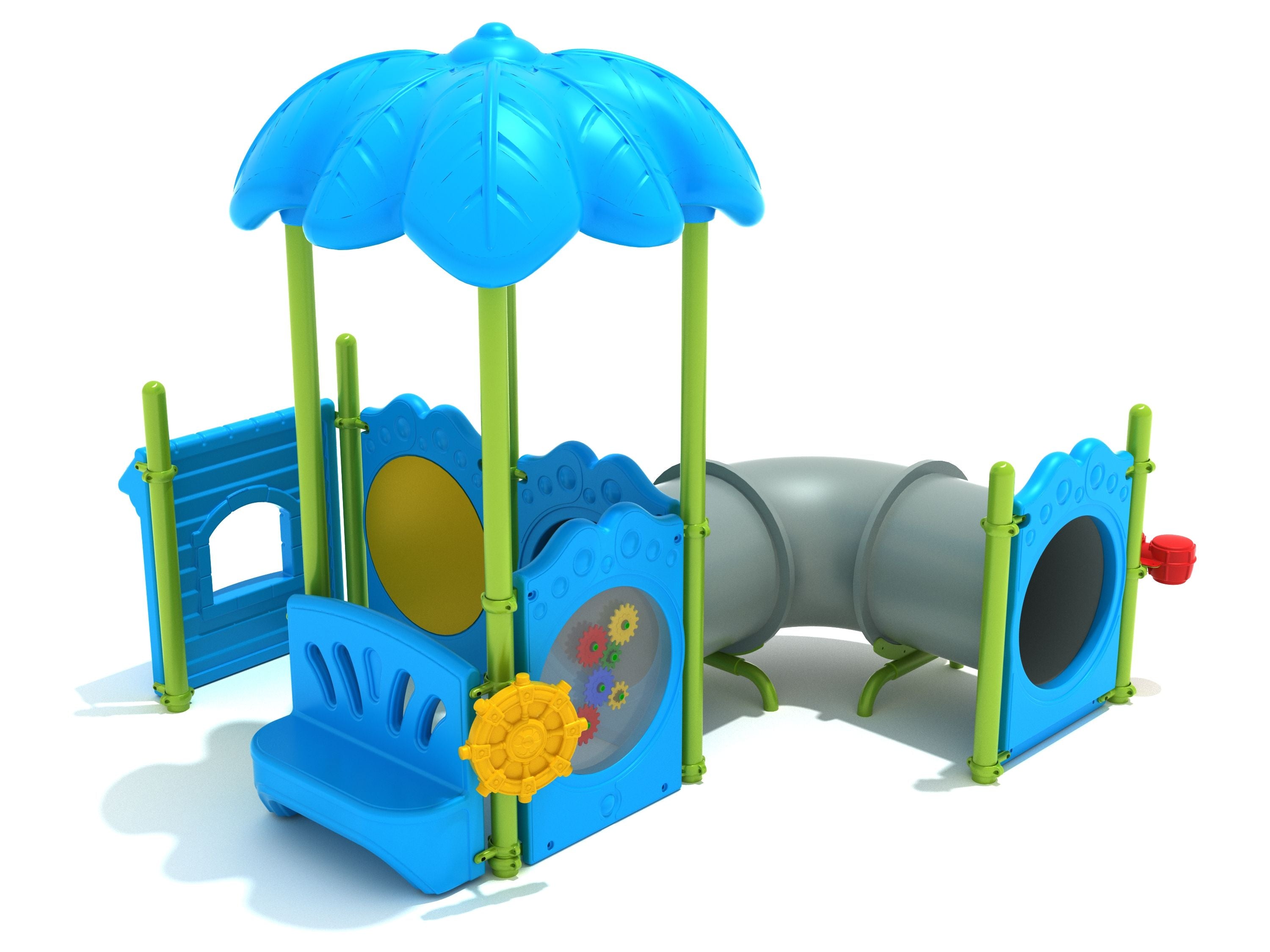 Compact colorful playground with blue leaf-shaped roof, curved gray crawl tube, interactive gear and drum panels, and seating area