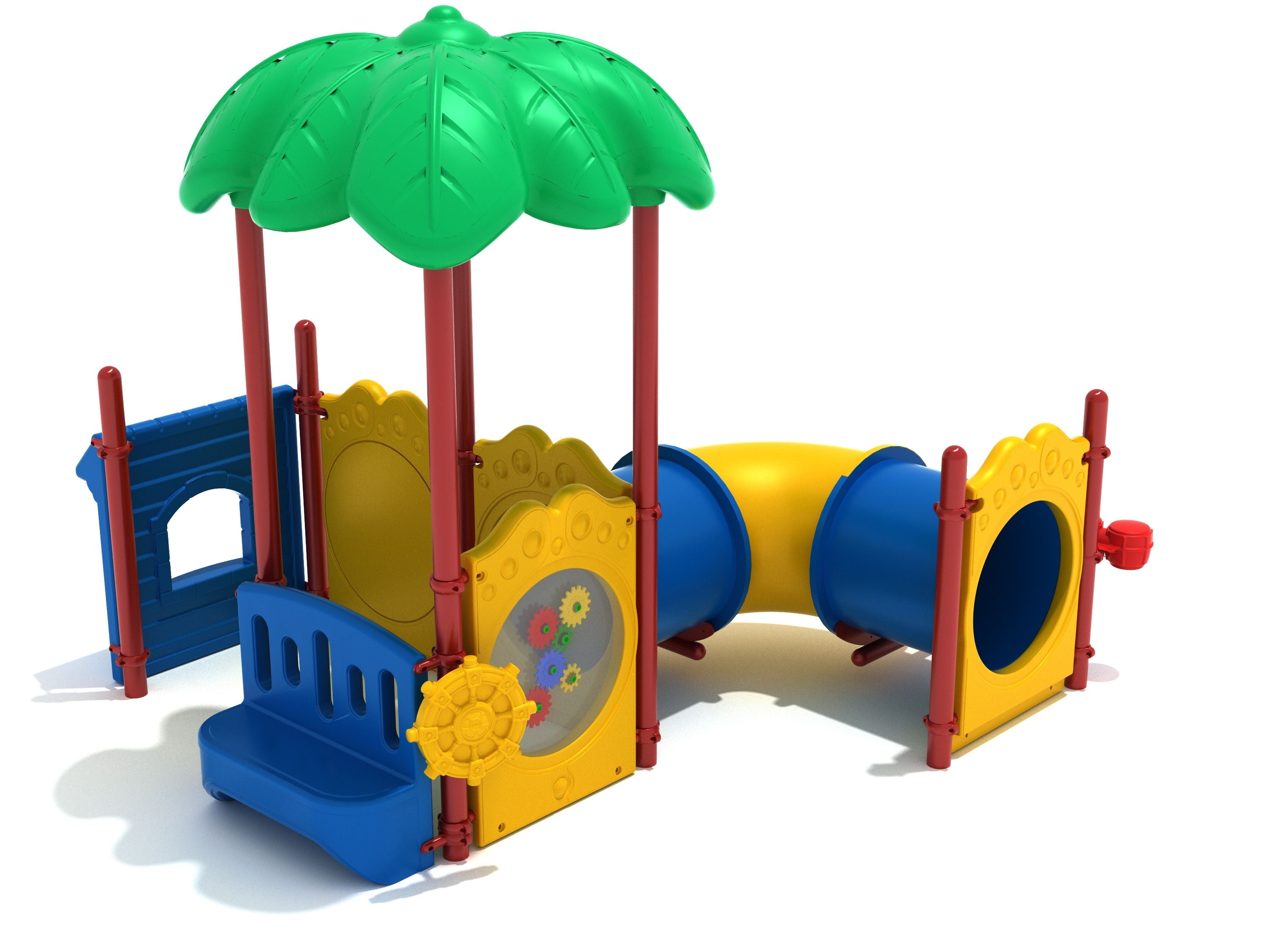 Asheville Ground Level Playground with green palm leaf roof, yellow panels, blue bench, and curved crawl tube play structure
