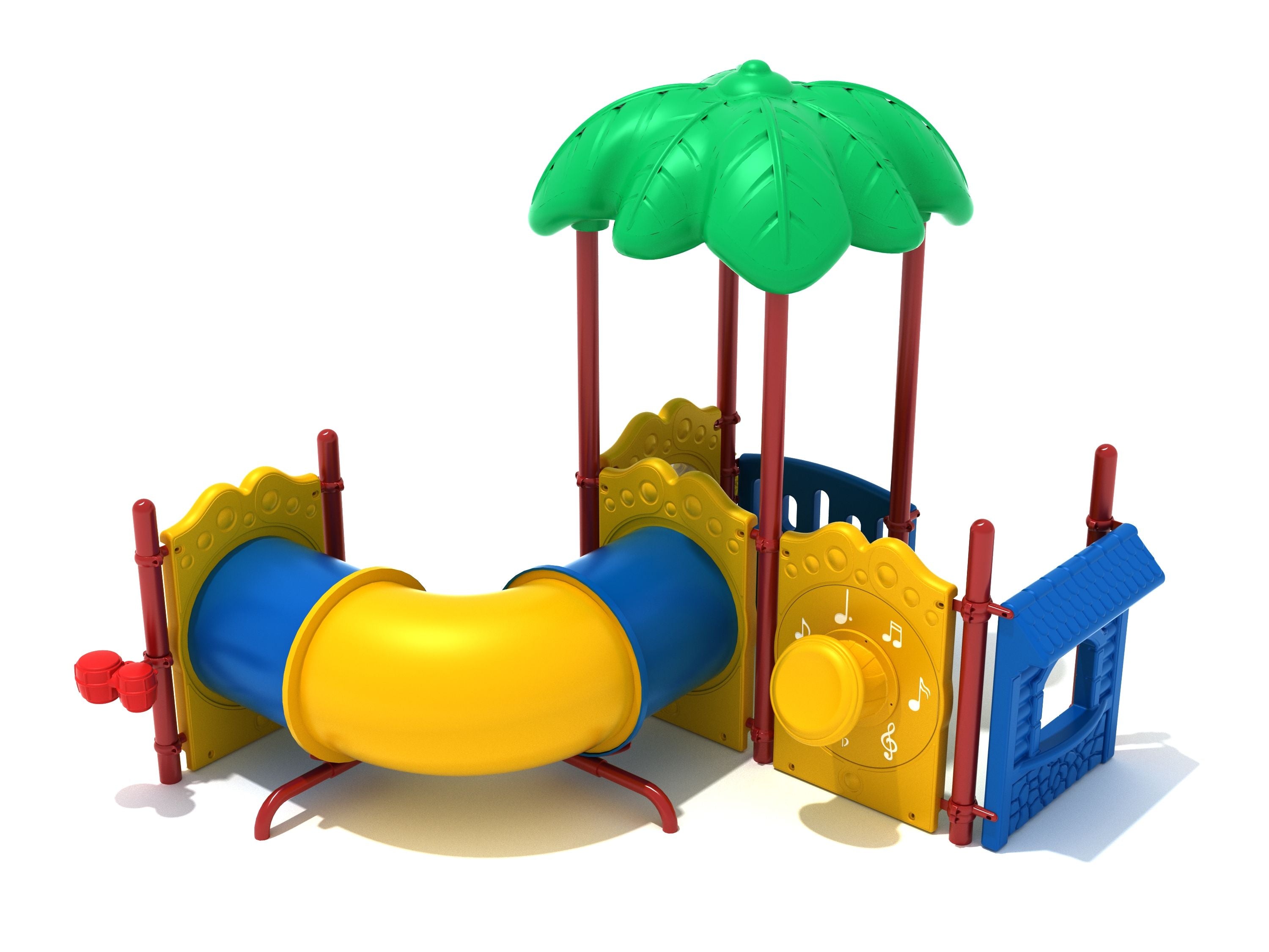 Compact colorful playground with green leaf canopy, curved yellow and blue crawl tube, and interactive musical panels.