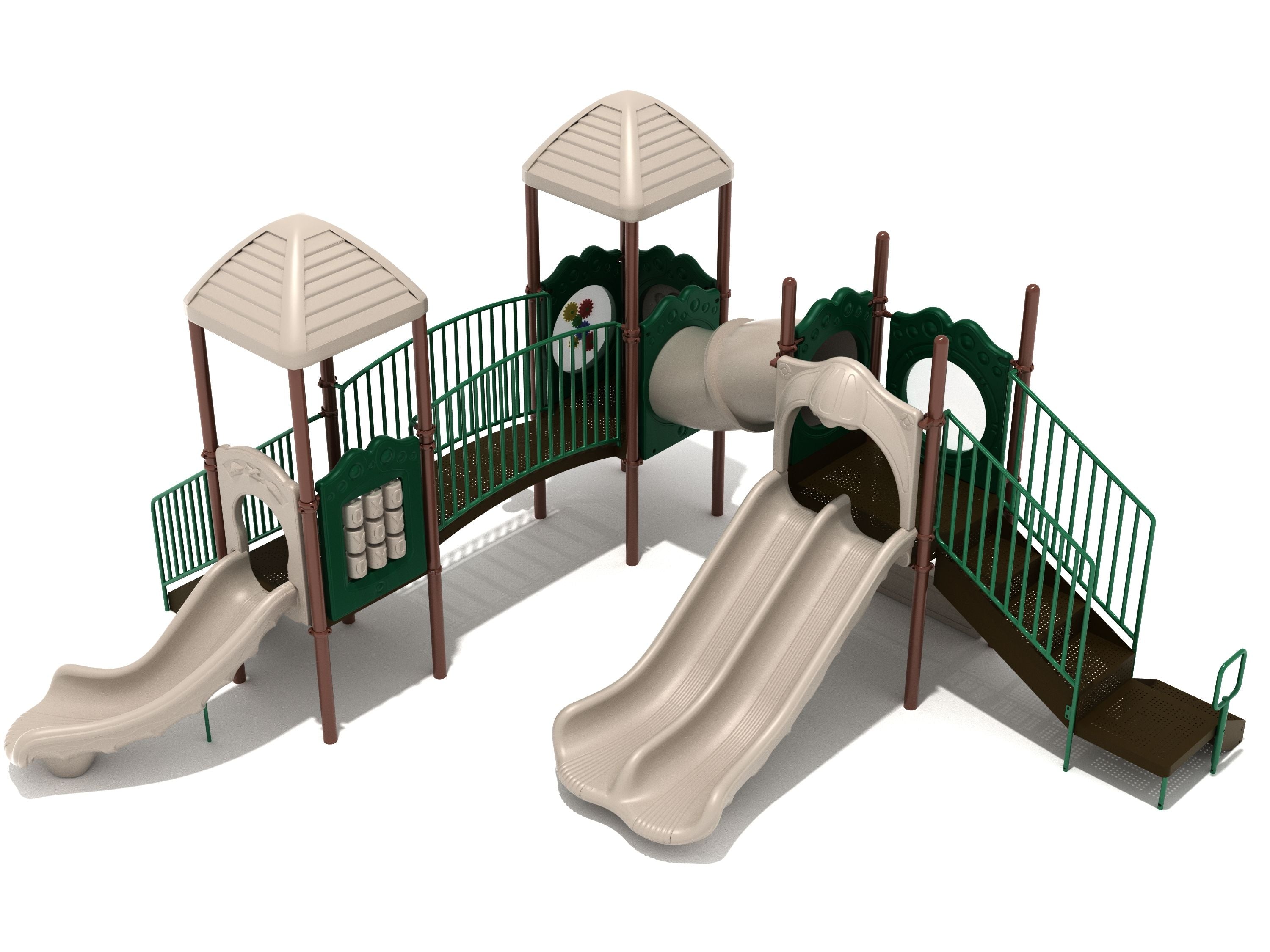 Beige and green L-shaped playground structure with double slide, curved slide, stairs, bridge, and interactive activity panels including tic-tac-toe and gear elements.