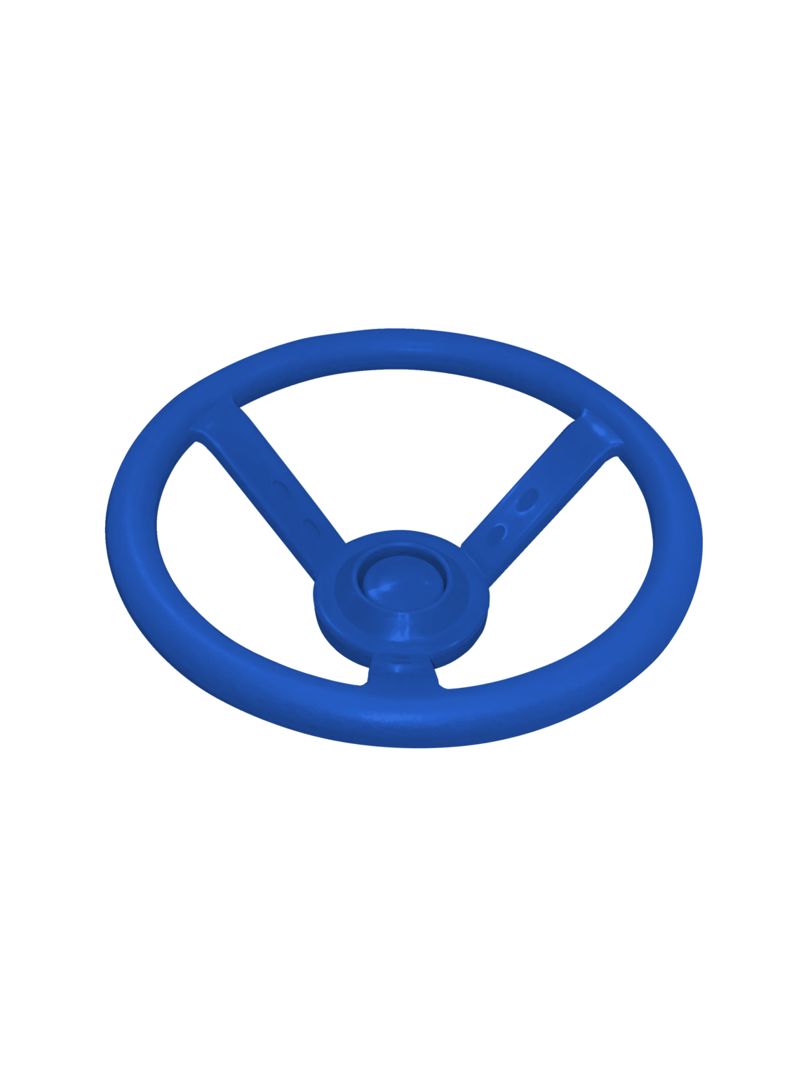 Blue plastic child-sized steering wheel with horn button cap, designed as a durable swing set accessory, shown from an angled view
