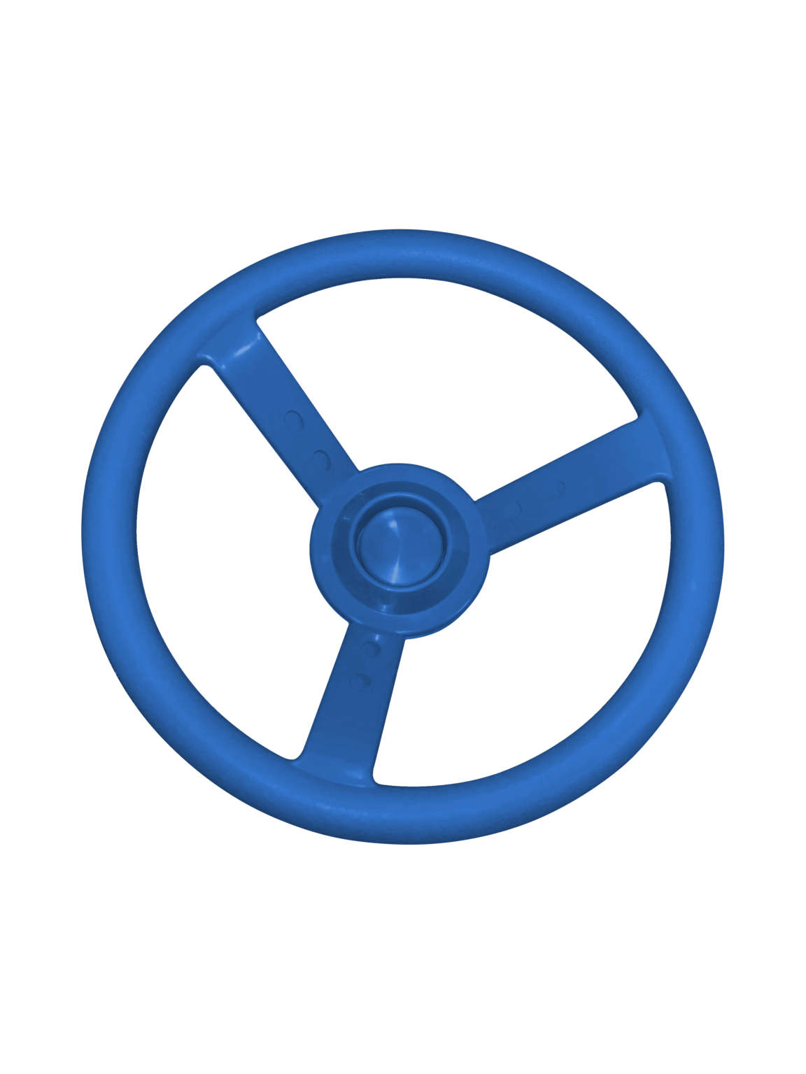 Overhead view of a blue plastic three-spoke steering wheel with central horn button for swing set accessory