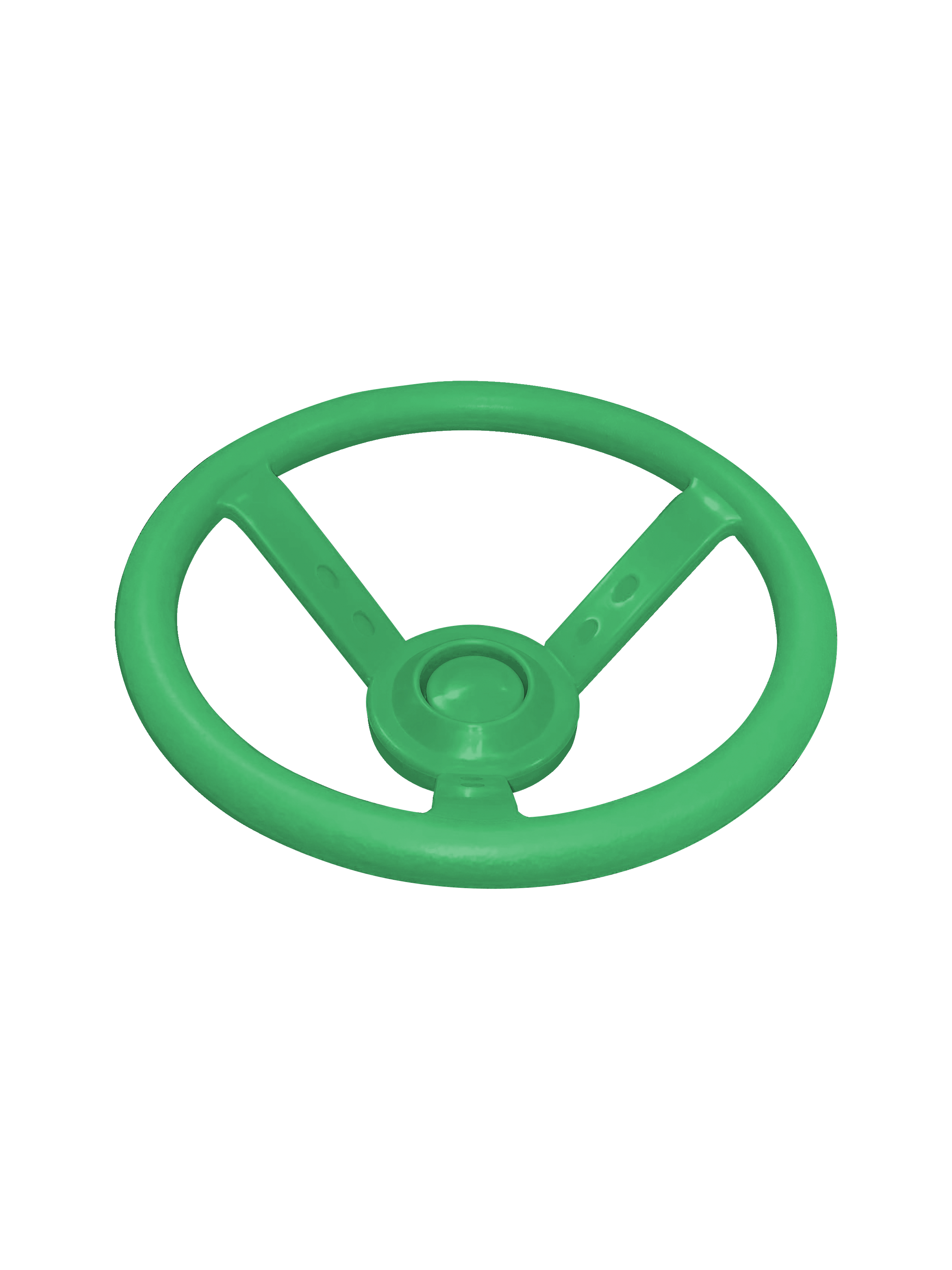 Green child-sized plastic steering wheel with horn button and two spokes, angled view, designed for swing set accessory.