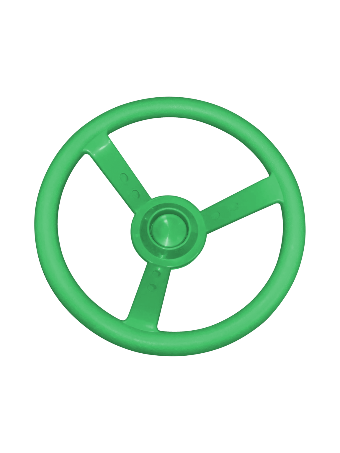 Overhead view of a green plastic child-sized steering wheel with three spokes and central horn button cap
