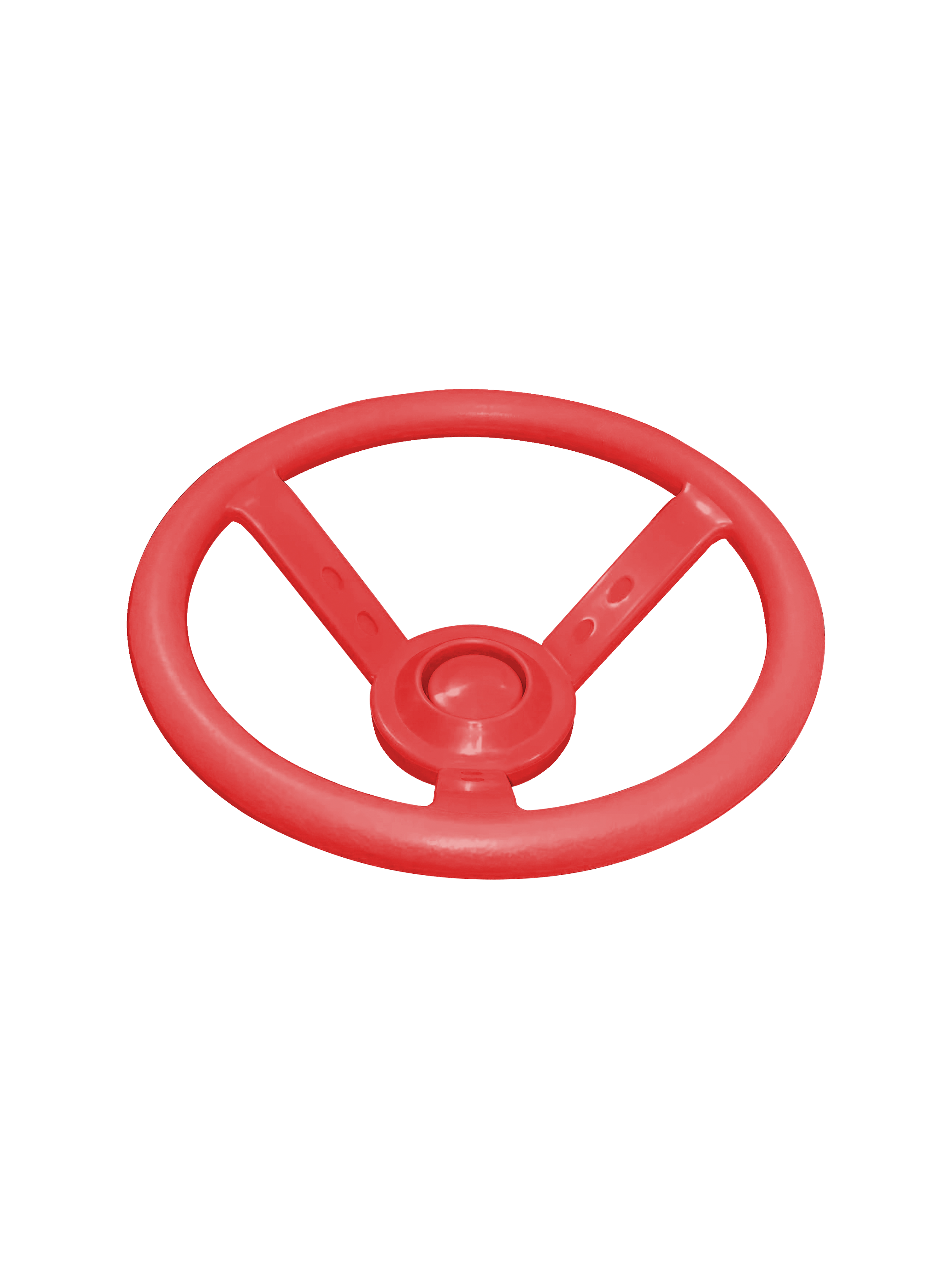 Red child-sized plastic steering wheel with horn button and three spokes, designed for swing set accessories.
