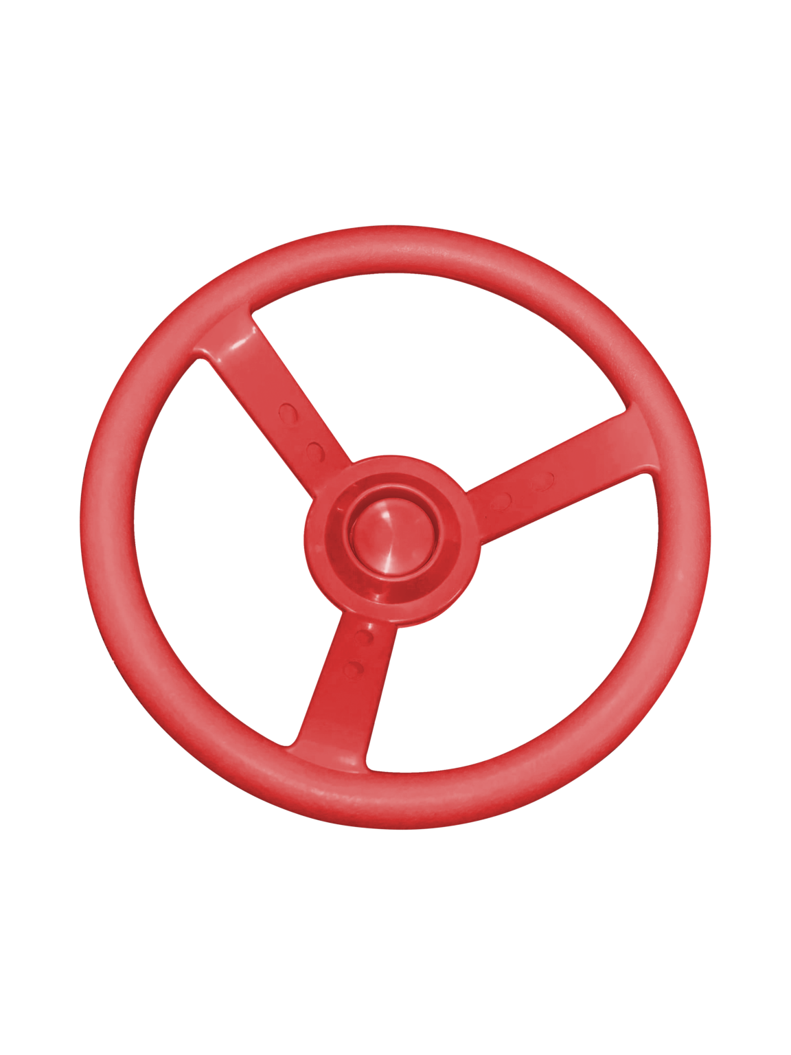 Overhead view of a red plastic child-sized steering wheel with three spokes and central horn button cap