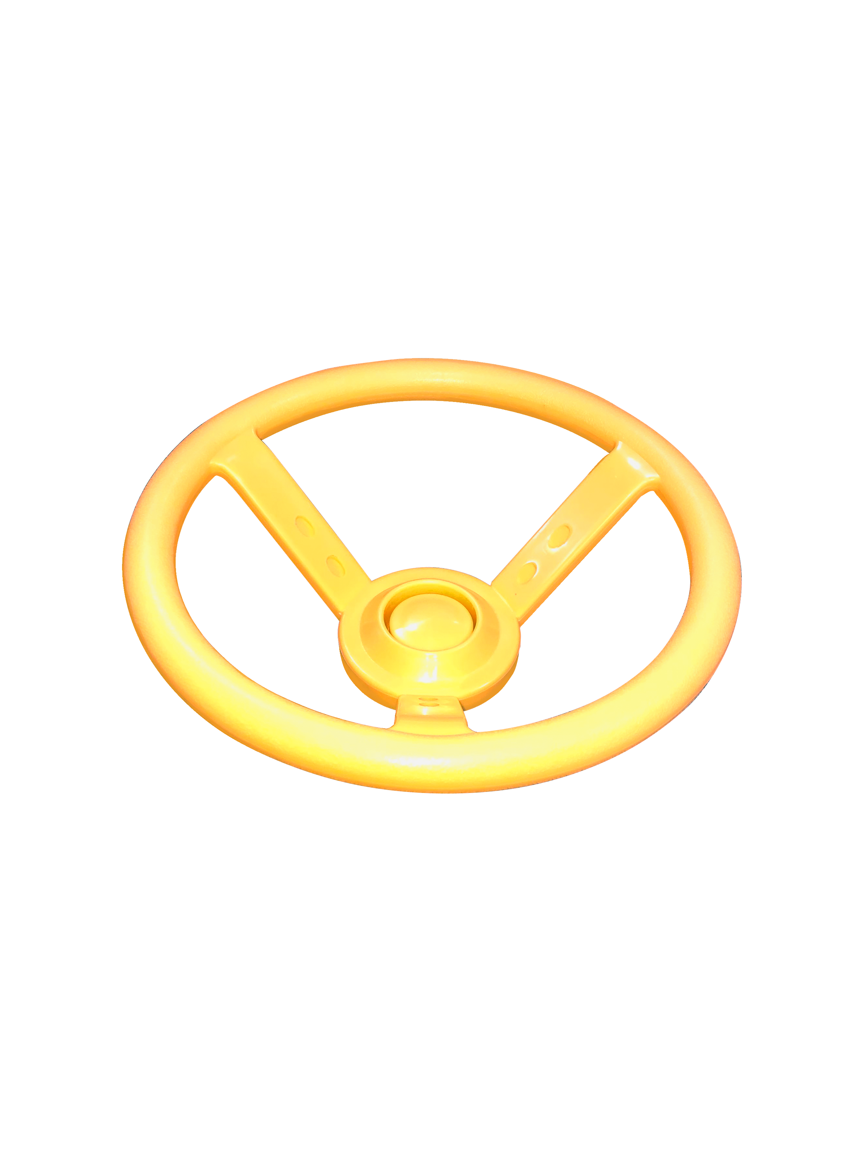 Yellow child-sized plastic steering wheel with horn button cap, designed for swing set accessory and durable outdoor use.