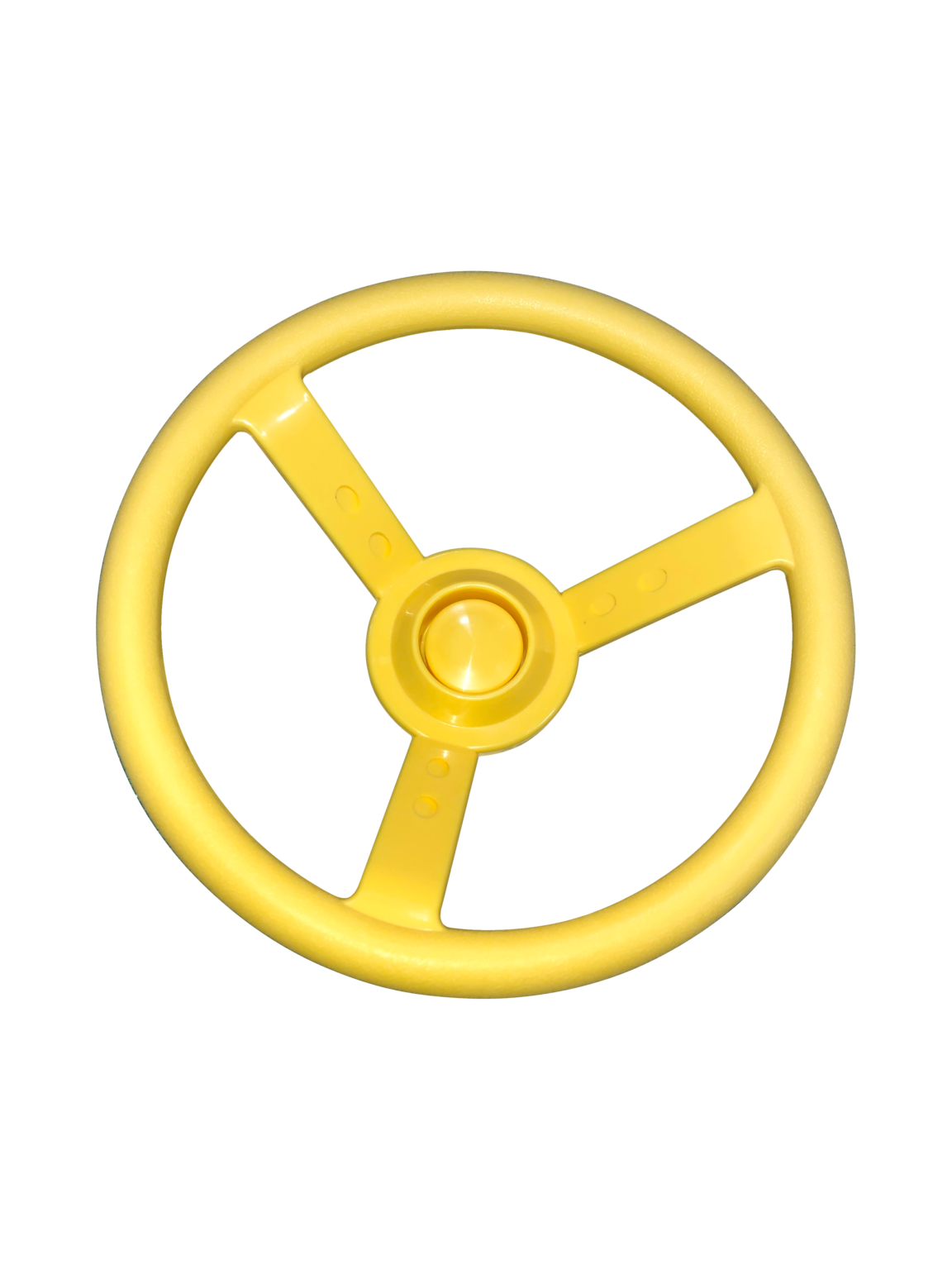 Overhead view of a yellow plastic child-sized steering wheel with three spokes and central horn button cap