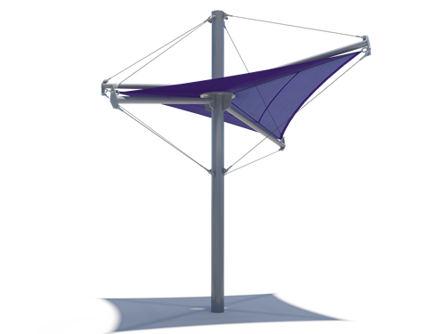 Single post shade structure with tensioned electric purple fabric canopy and steel support cables