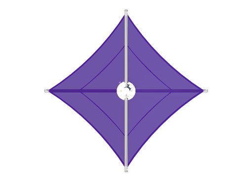 Overhead view of a purple fabric shade structure with a single central post and tension cables forming a diamond shape