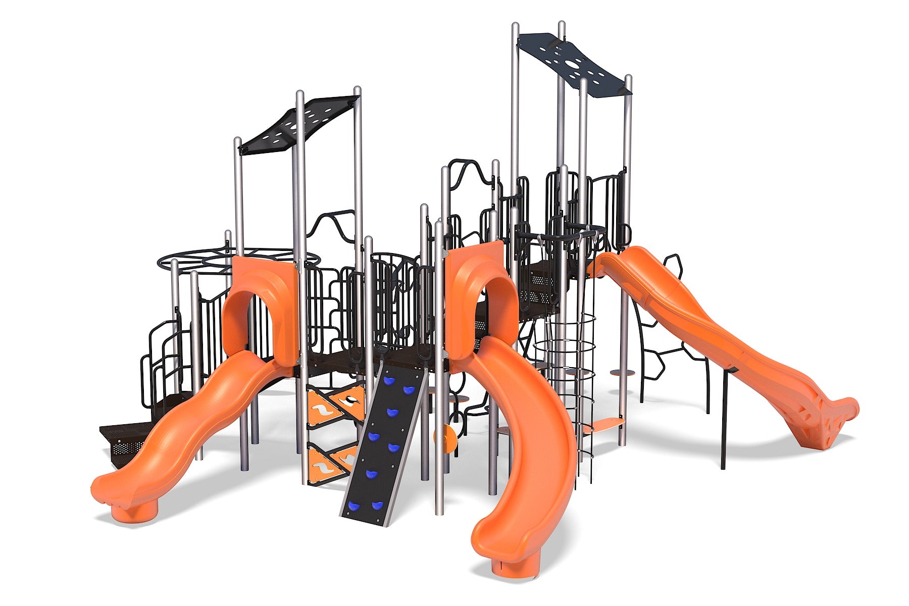 Large outdoor playground structure with multiple orange slides, climbing walls, ladders, and platforms for active play and exploration.