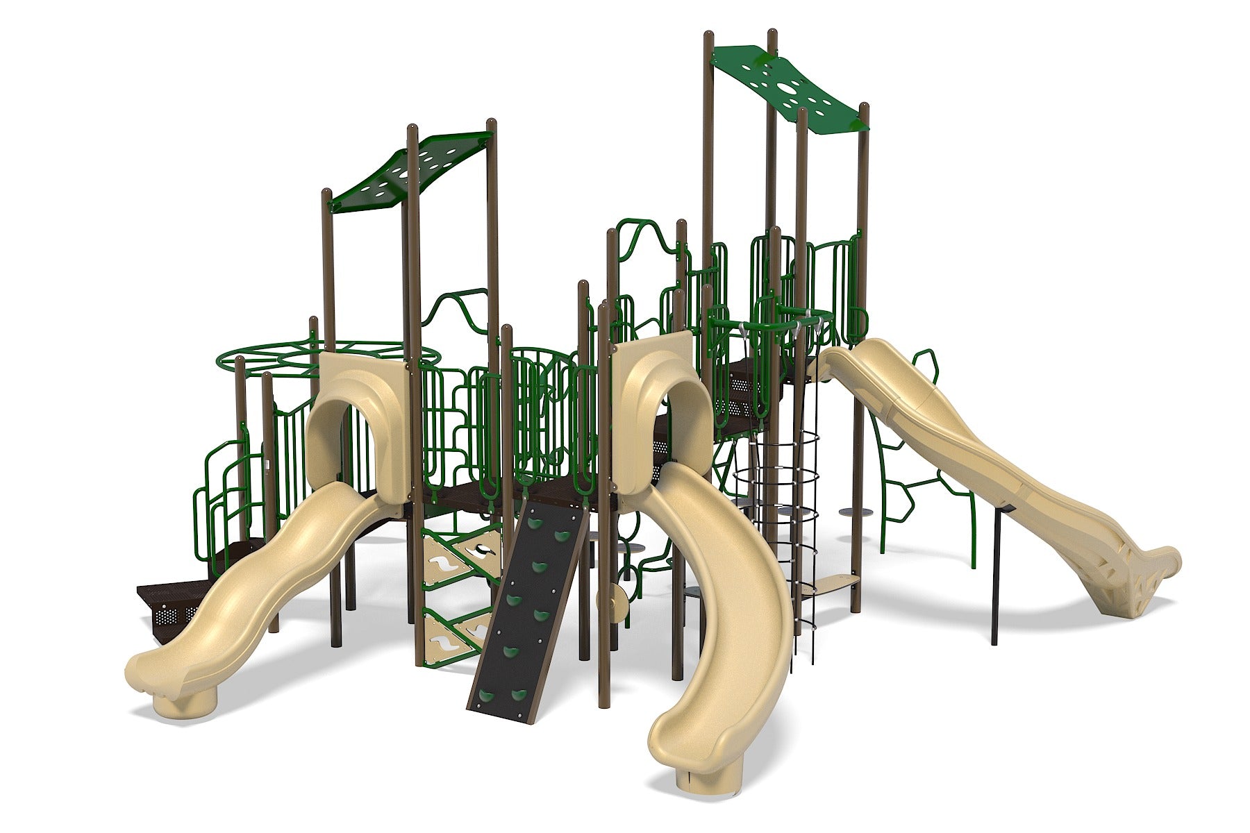 Playground structure with three beige slides, green climbing elements, and brown support posts for active play and exploration